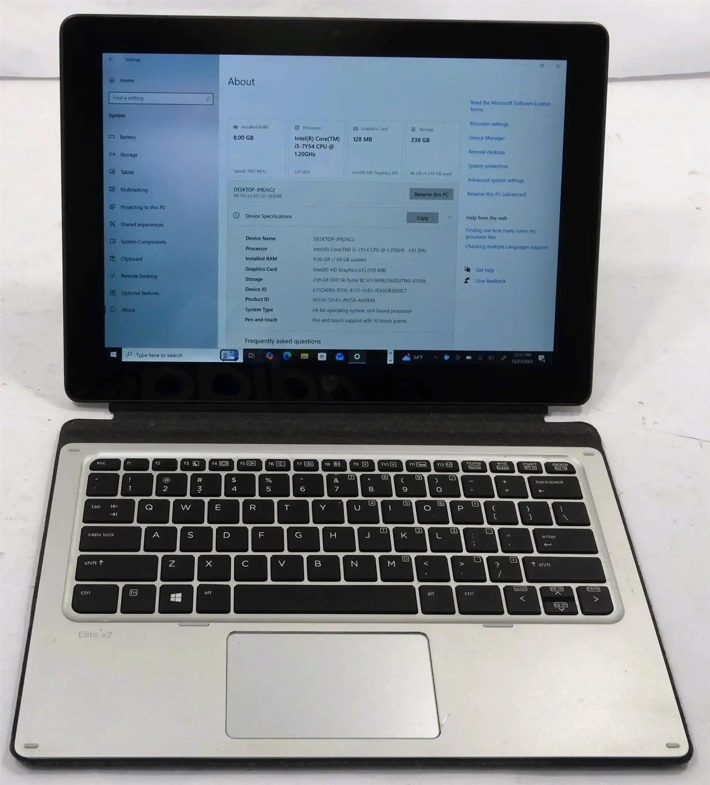 HP Pro X2 612 G2 Tablet Core i5-7Y54 1.20GHz 8GB 256GB SSD