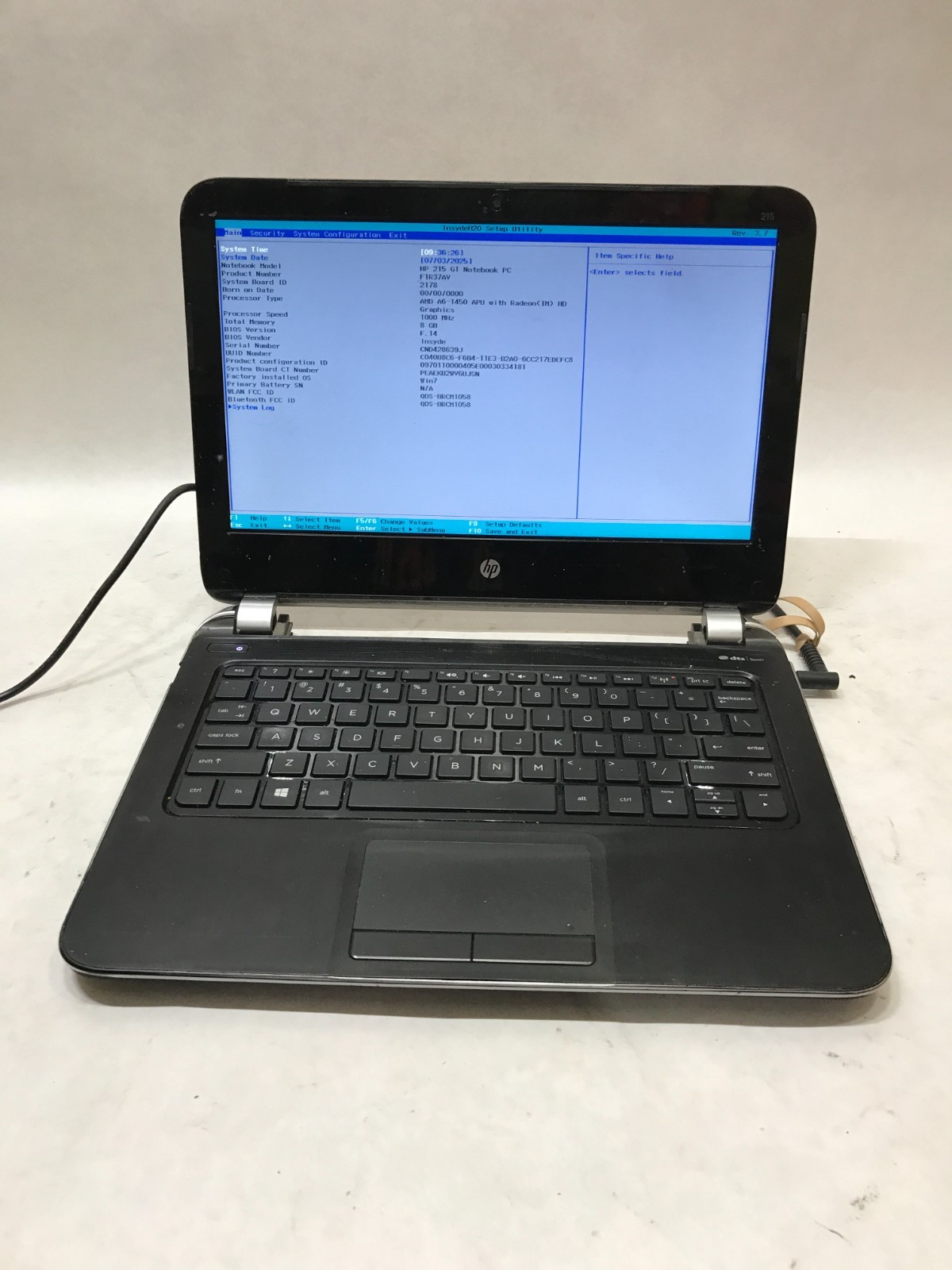 HP 215 G1 11″ Laptop AMD A6-1450 1GHz NO RAM NO HDD/OS Boots to BIOS READ!! – DW