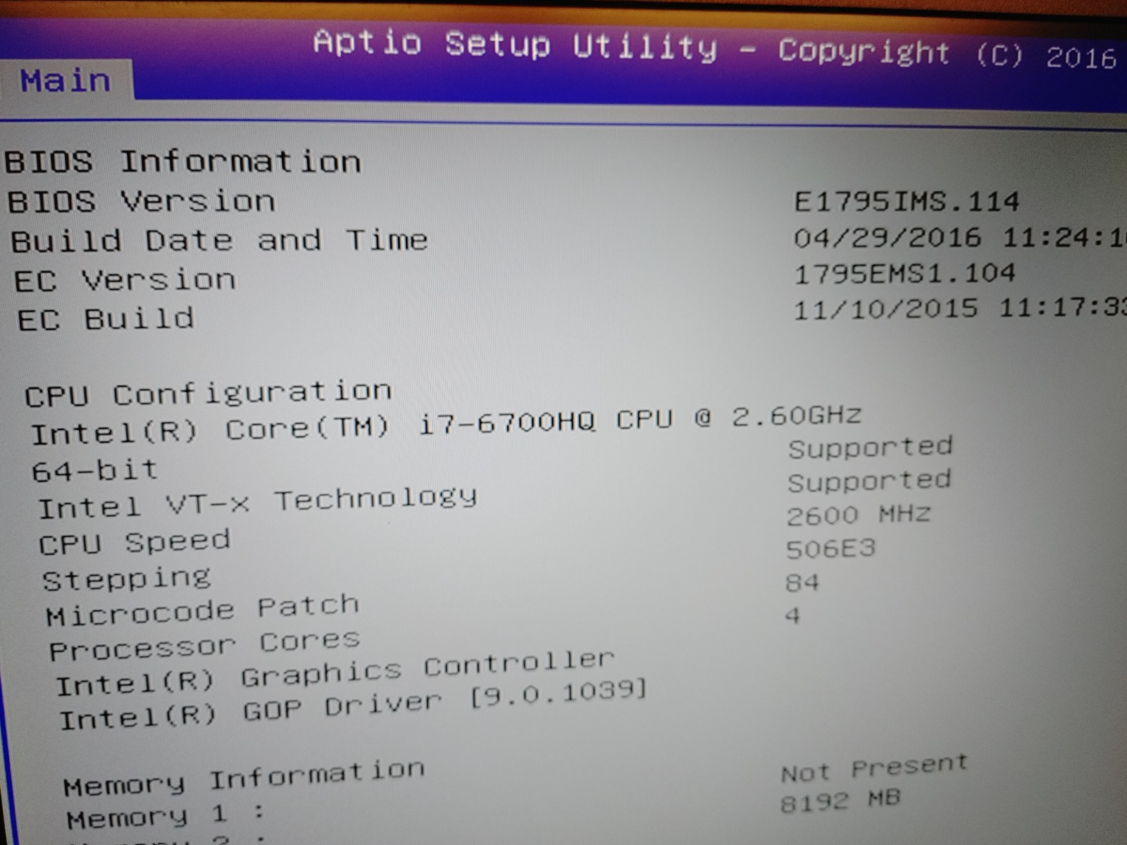 MSI GE72 6QD Apache Pro Core i7-6700HQ@2.60GHz, 8GB RAM , NO SSD FOR PARTS