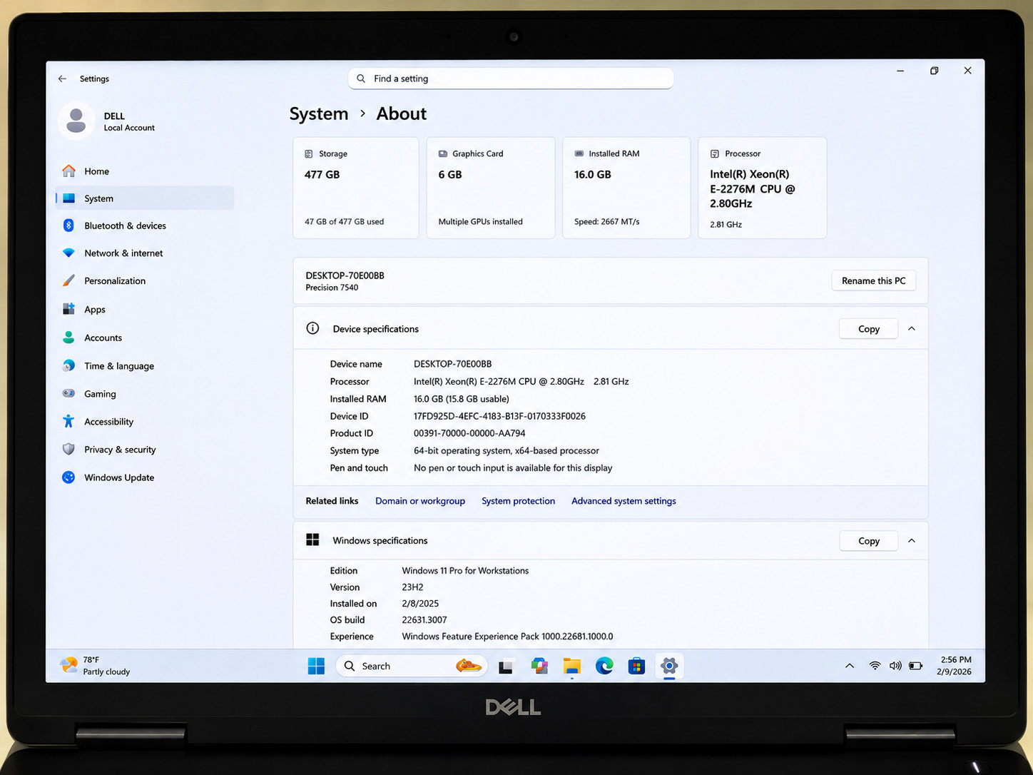 Dell Precision 7540 Xeon E-2276M 16GB RAM 512GB SSD RTX 3000 Windows11 Laptop PC