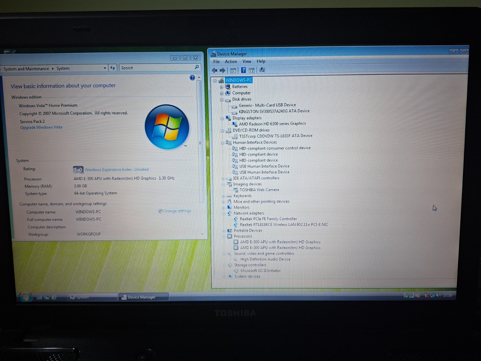 Toshiba Satellite C660D-1CV PSC1YE Laptop 15.6″ 3GB 240GB Windows Vista/7 Dual