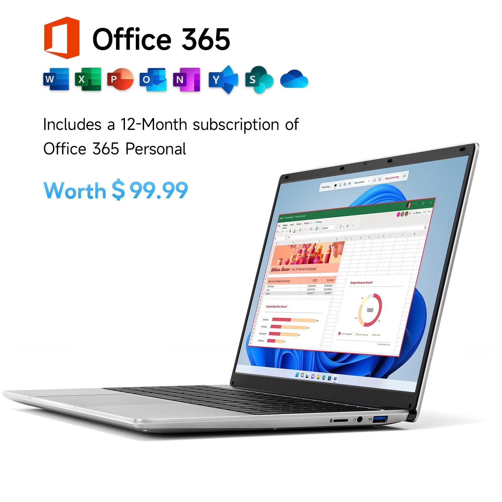 15.6″ Windows 11 Laptop 4GB 128GB + Microsoft Office 365 Included Intel Celeron
