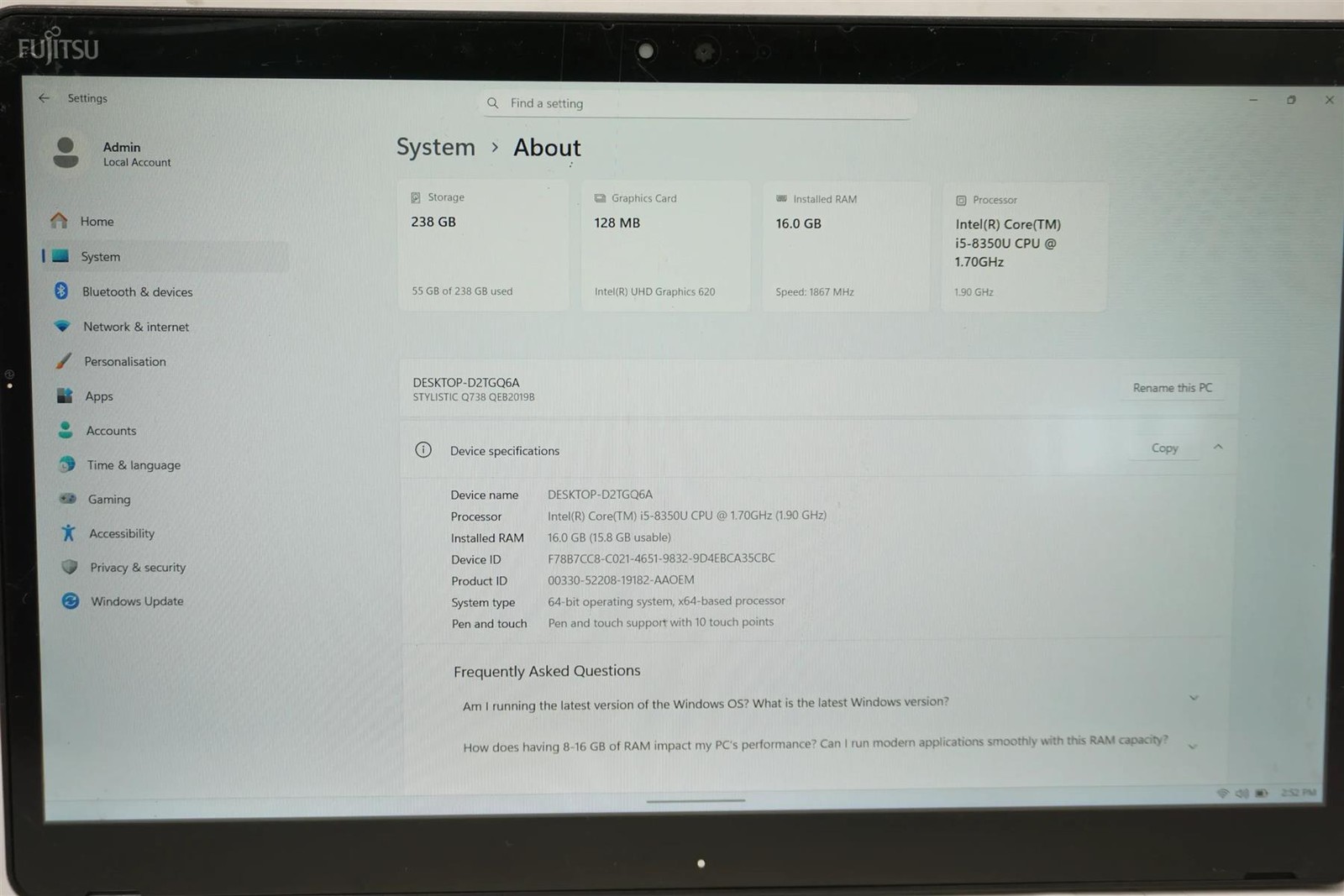 Fujitsu Stylistic Q738 Intel Core i5-8350U 1.7GHz 16GB 256GB SSD – Good working