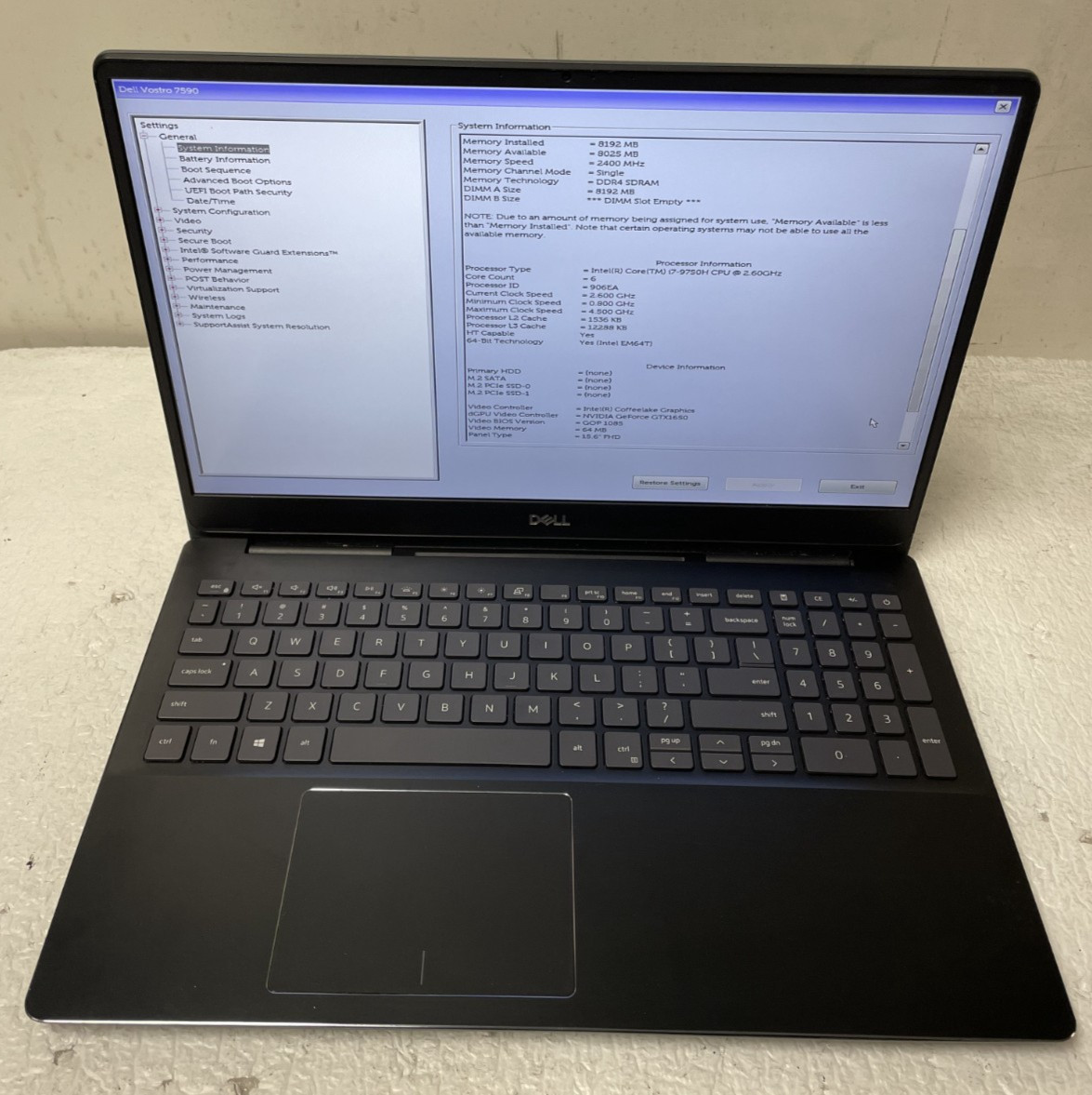 Dell Vostro 7590 15.6” Core Intel i7-9750H @2.60GHz 8GB RAM NO SSD For Parts