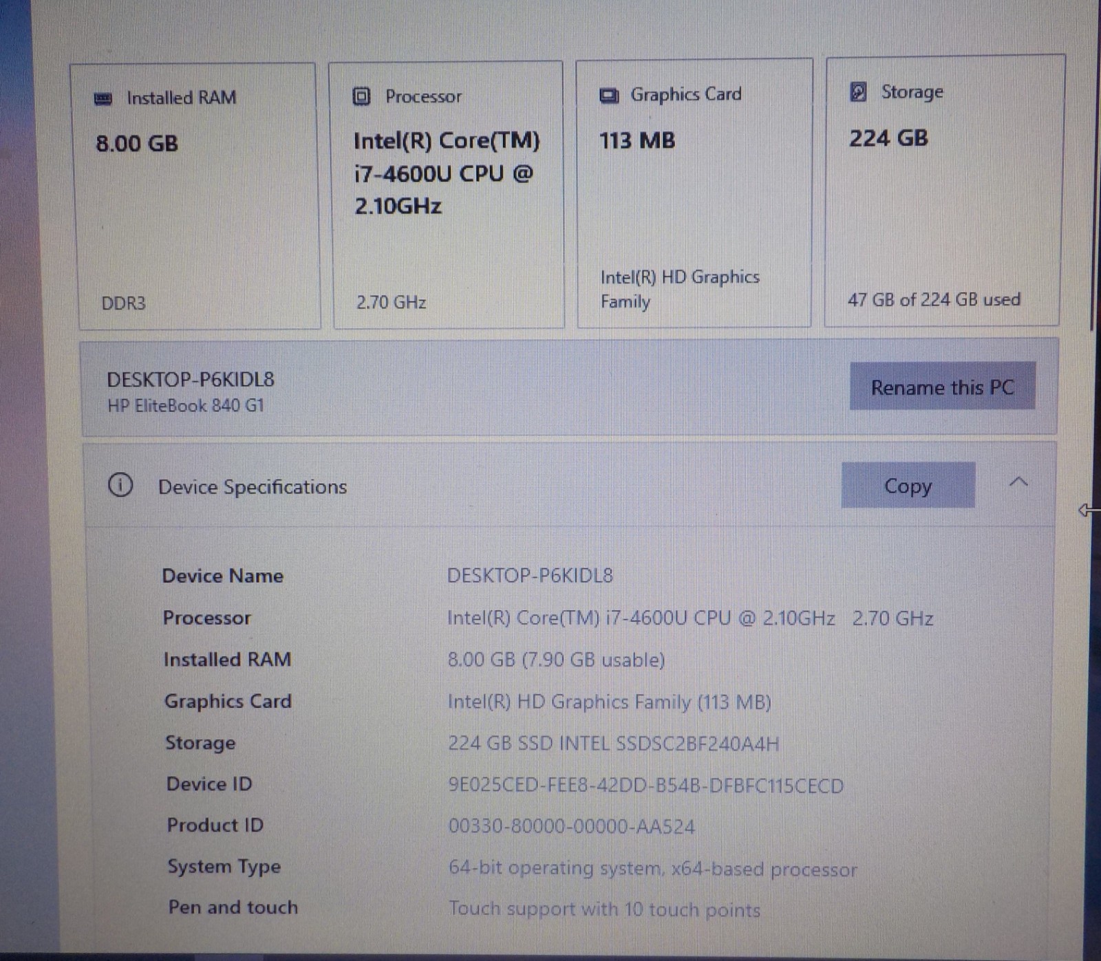 HP Elitebook 840 G1 i7-4600 14″ Touchscreen Laptop 8GB RAM 240GB SSD Win 10 Pro