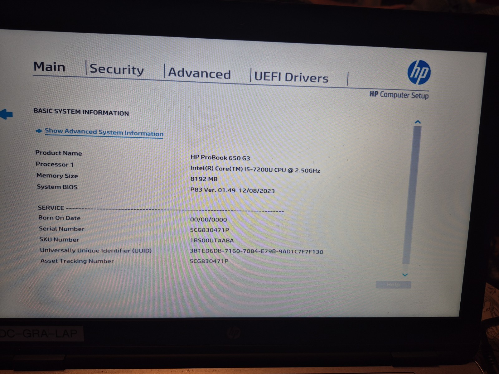 HP ProBook 650 G3 8GB, i5-7200U, 2.50GHz, 256GB DRIVE NO OS