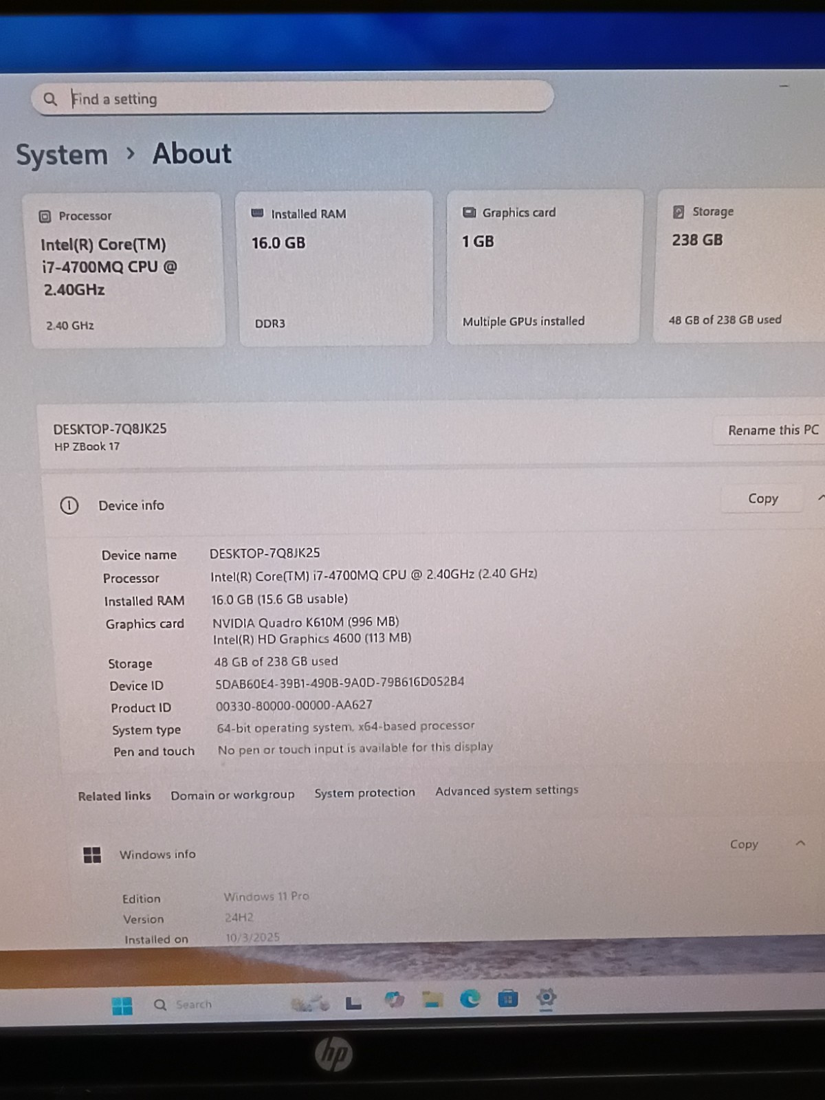 HP ZBook 17 G2 2.4GHz i7-4700MQ | 16GB RAM | 256GB SSD | Windows 11 Pro +Charger