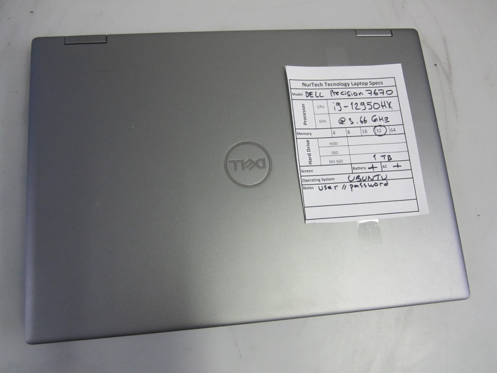 Dell Precision 7670 i9-12950HX 3.66GHz 1TB M2SSD 32GB UBUNTU LAPTOP + AC