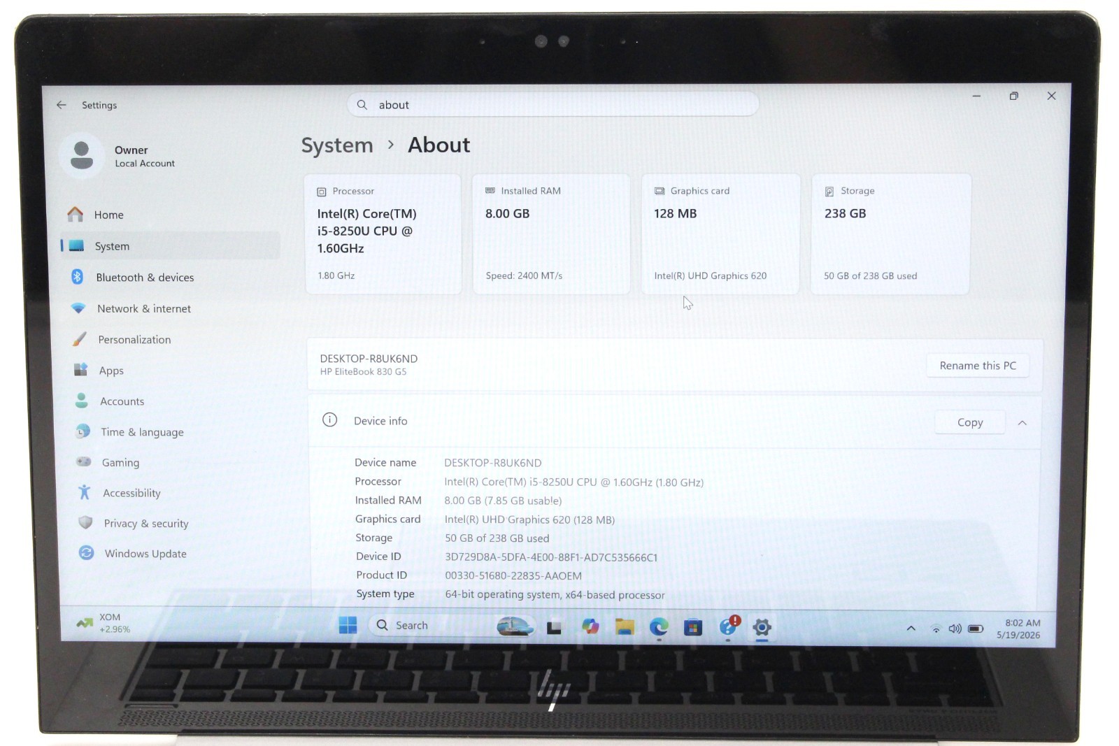 HP Elitebook 830 G5 13.3″ 1.6GHz i5-8250U 256GB SSD 8GB RAM Win 11 Pro ; 6181339