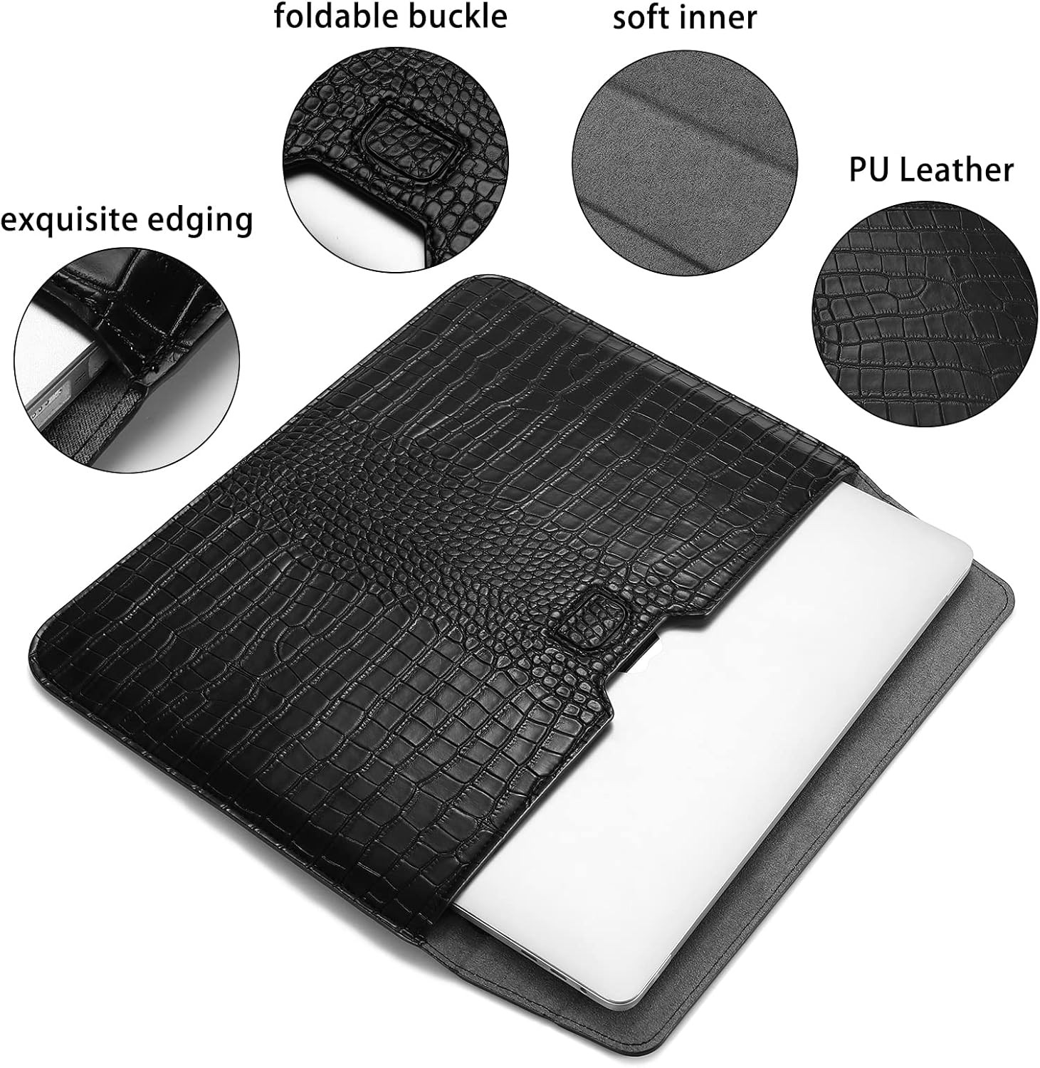 Sleeve for 13 inch Laptop, Crocodile Grain PU Leather Flap Case Bag, Black
