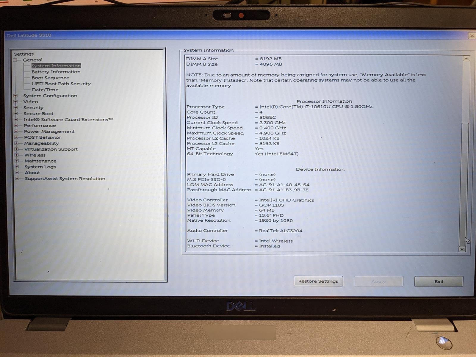 DELL LATITUDE 5510 i7-10610U @ 1.80GHz, 12GB RAM, NO HDD/OS