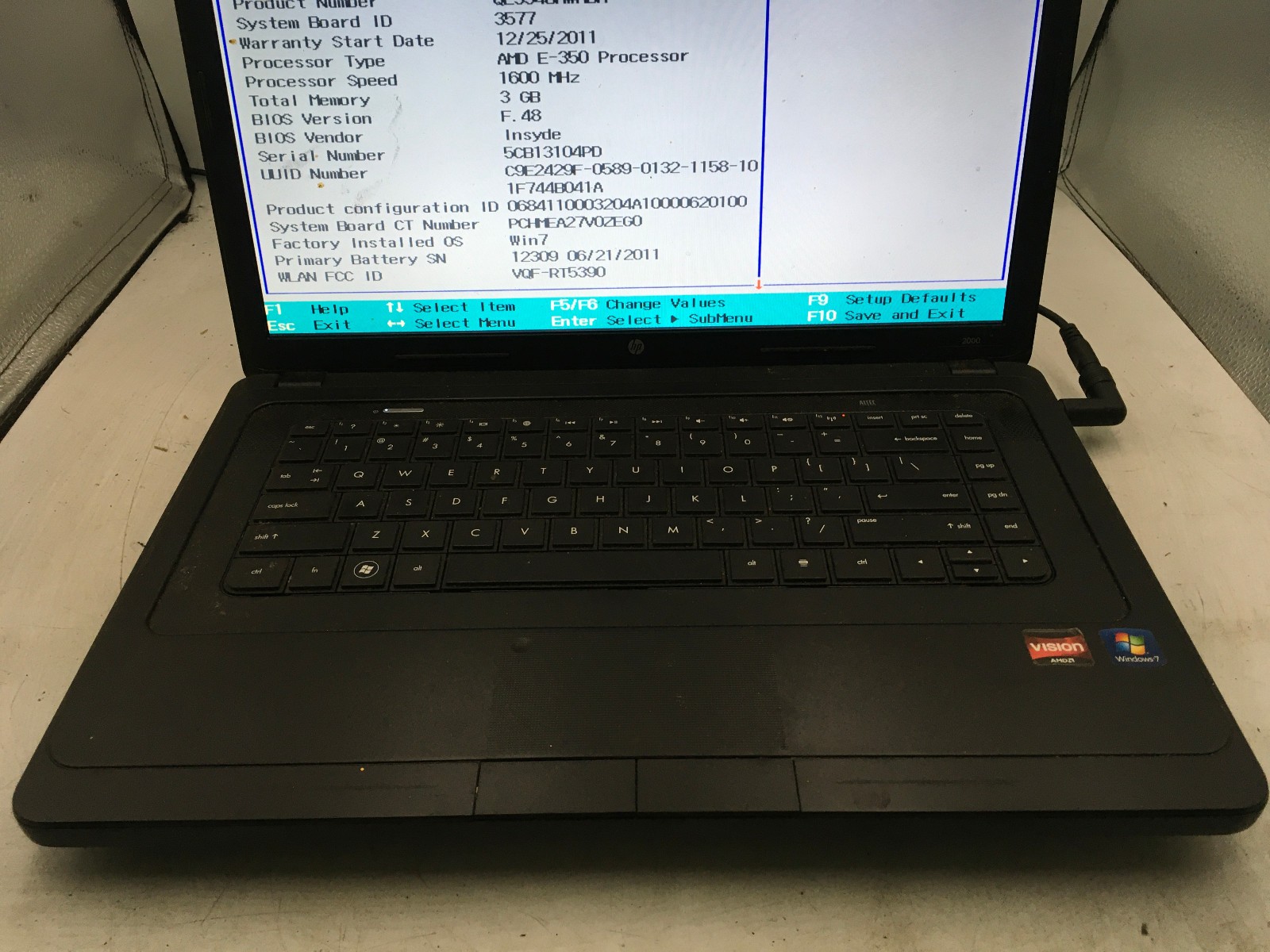 HP 2000 329WM – BOOTS TO BIOS – 4GB RAM – 15″ – AMD E350 – READ DESCRIPTION – BB