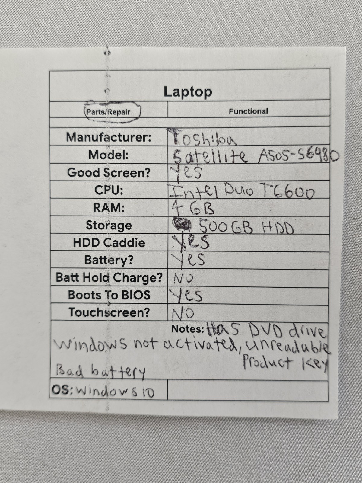 Toshiba Satellite A505-S6980 Laptop – Intel Duo T6600 – BAD BATT – Parts – READ