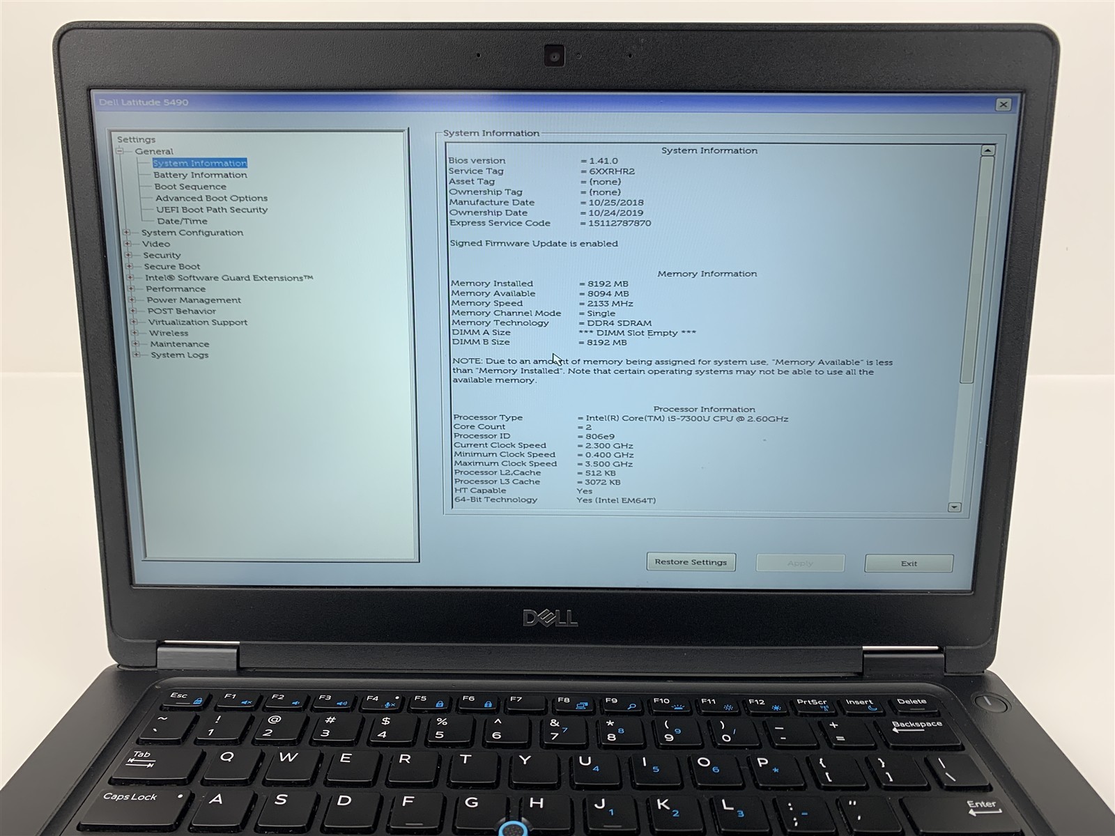 Dell Latitude 5490 Intel i5-7300U 2.60GHz 8GB Ram No SSD/HDD 6XXRHR2