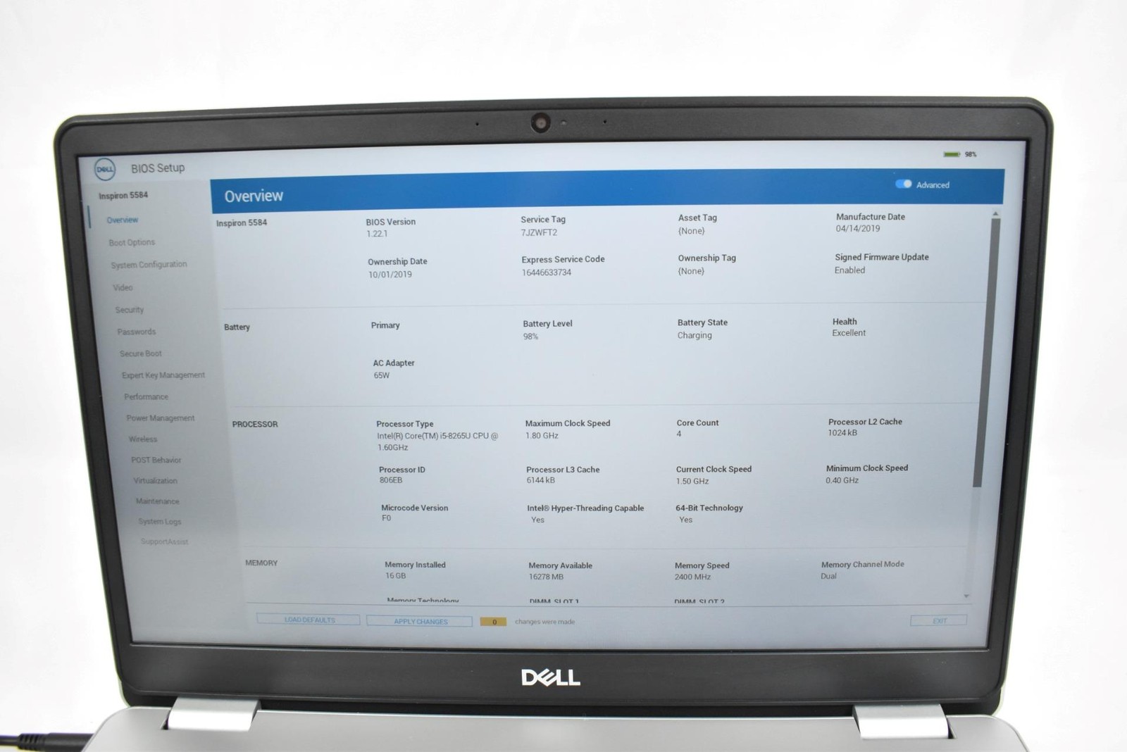 Dell Inspiron 5584 Laptop i5-8265U 1.6GHz 16GB 256GB SSD No OS 15.6″