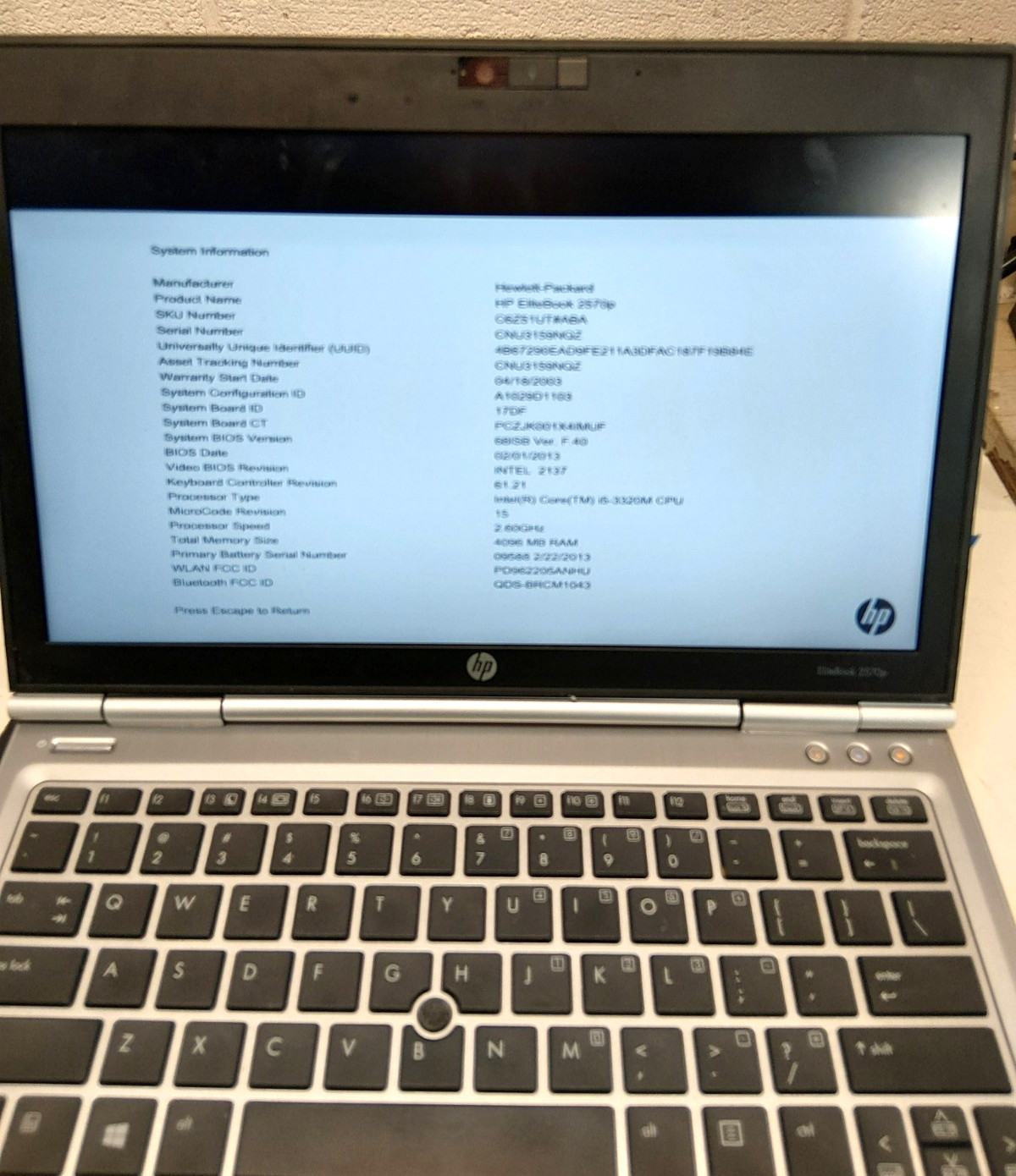 HP EliteBook 2570p Laptop Intel I5-3320 2.60GHZ – NO Ram – NO HD/OS #487