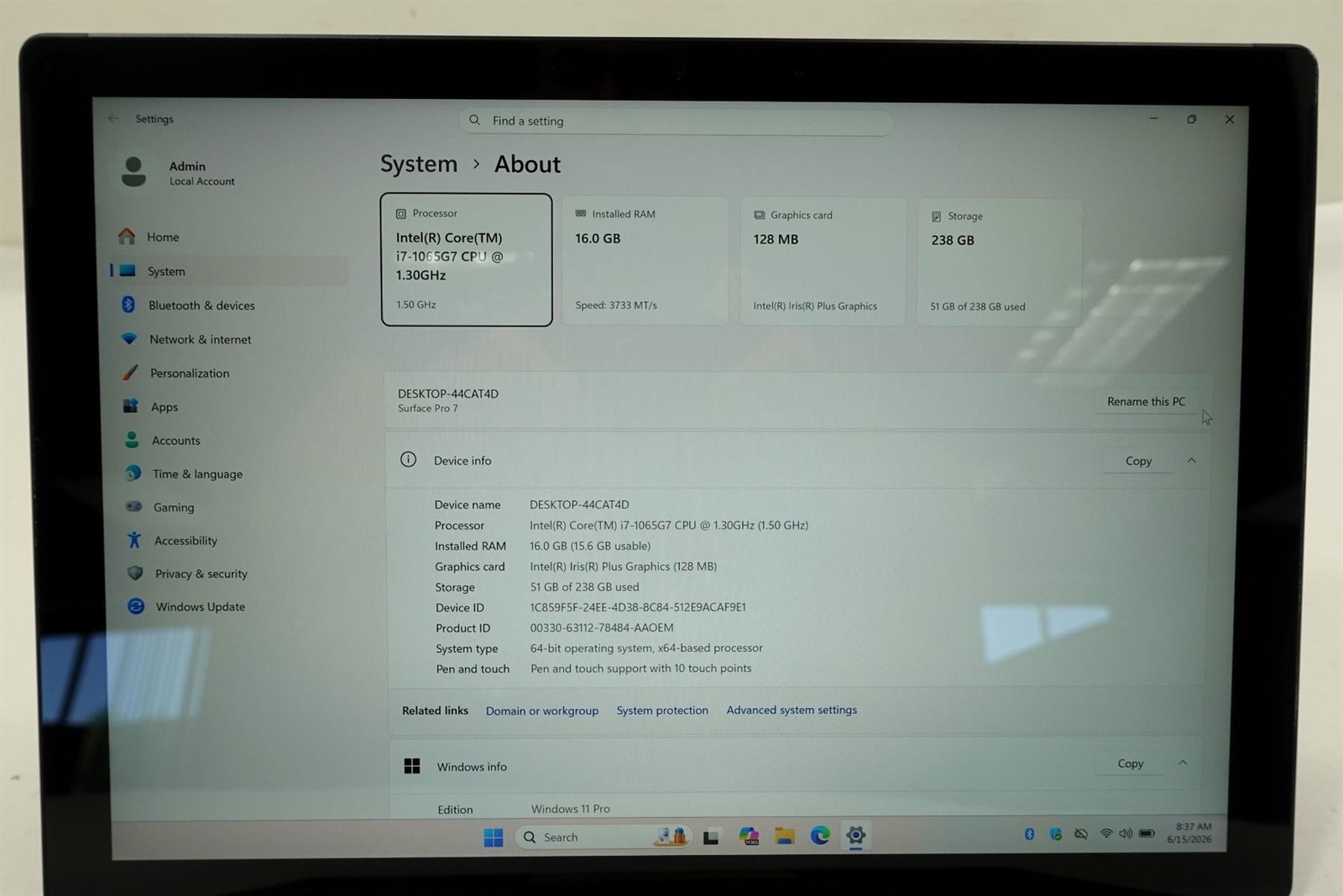 Microsoft Surface Pro7 1866 12.3″ Core i7-1065G7 1.3GHz 16GB 256GB SSD