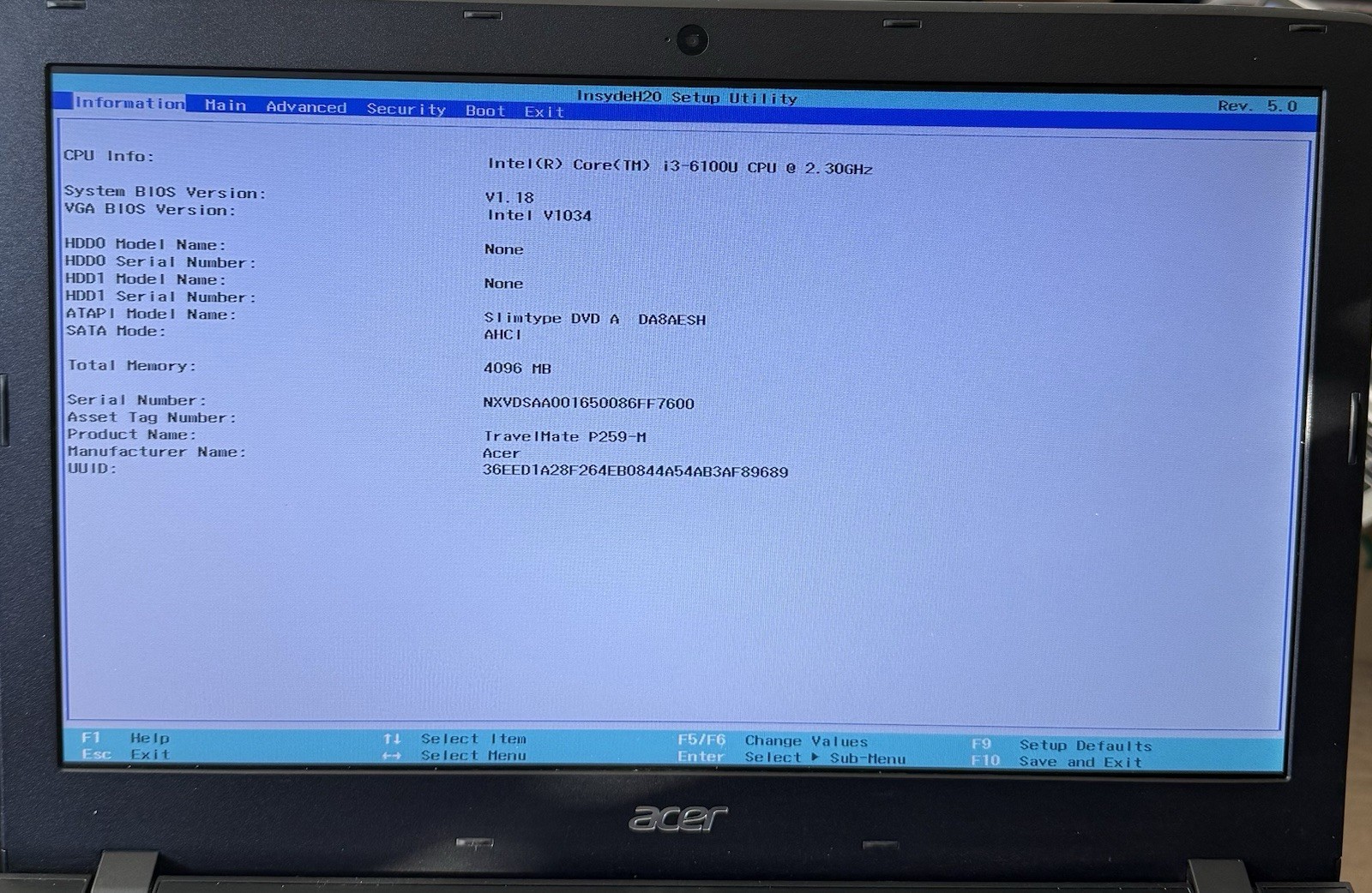 ACER TRAVELMATE P259-M 15.6” I3-6100U 2.3GHz 4GB RAM READ