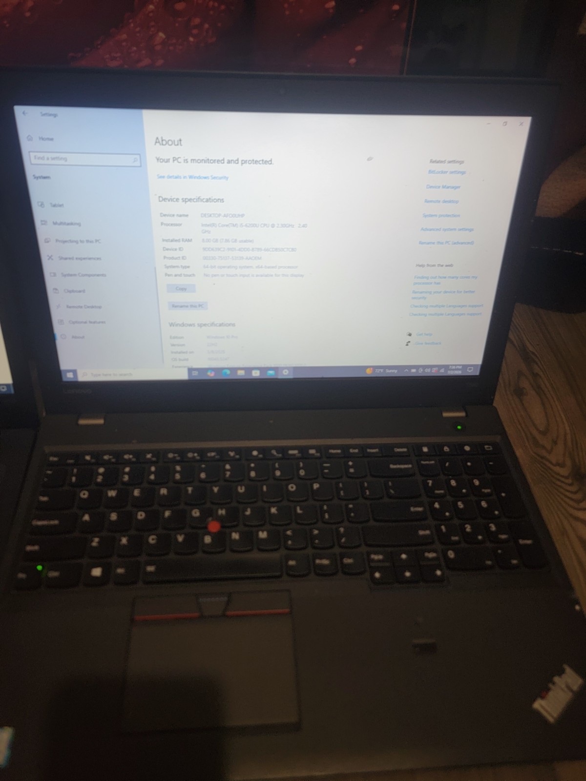 Lenovo Laptop ThinkPad T560 Intel i5-6200U @2.30GHz 8GB 240GB 15.6″ Offers