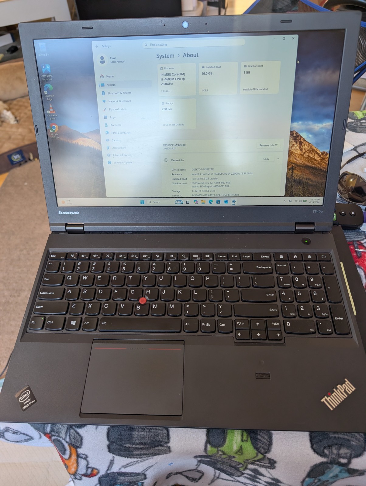 Lenovo Thinkpad T540p Intel i7 4600M 2.9GHz 16GB RAM 256 GB SSD Win11 Pro