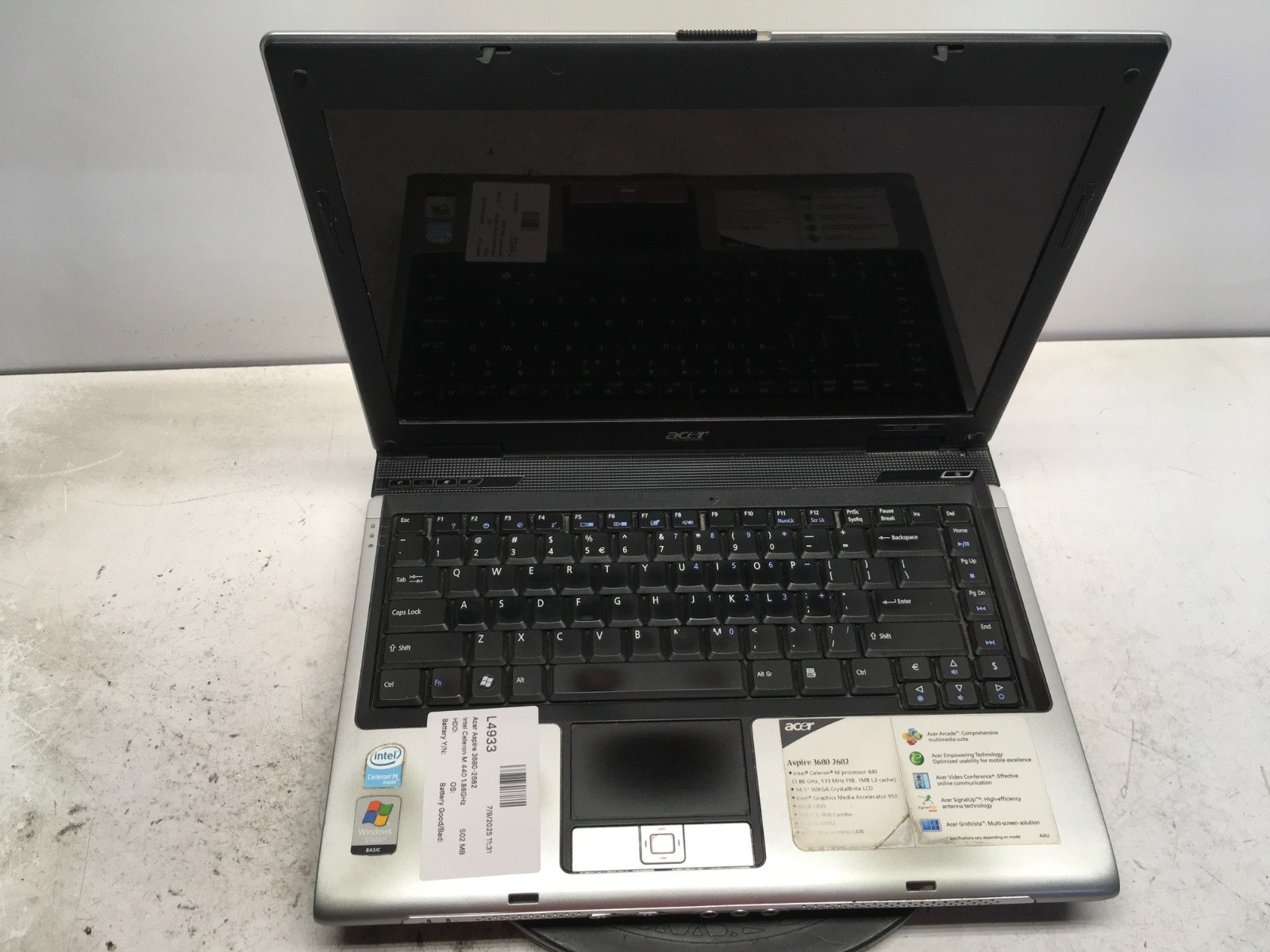 Acer Aspire 3680-2682 Intel Celeron M 440 1.86GHz 502 MB NO HDD *Dim Screen*