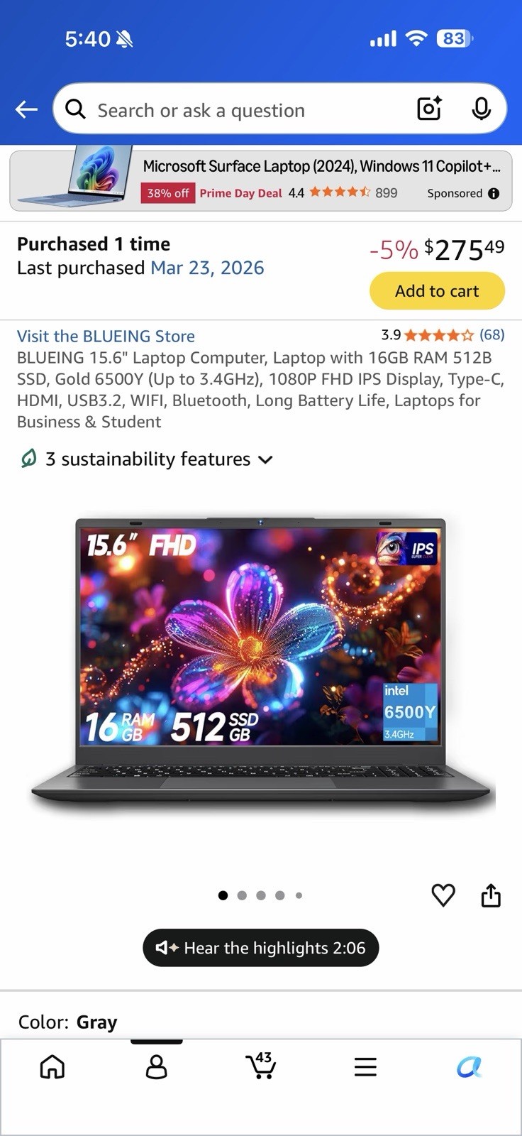 BLUEING 15.6″ FHD Laptop Win 11 Intel 6500Y 16GB 512GB SSD Gray