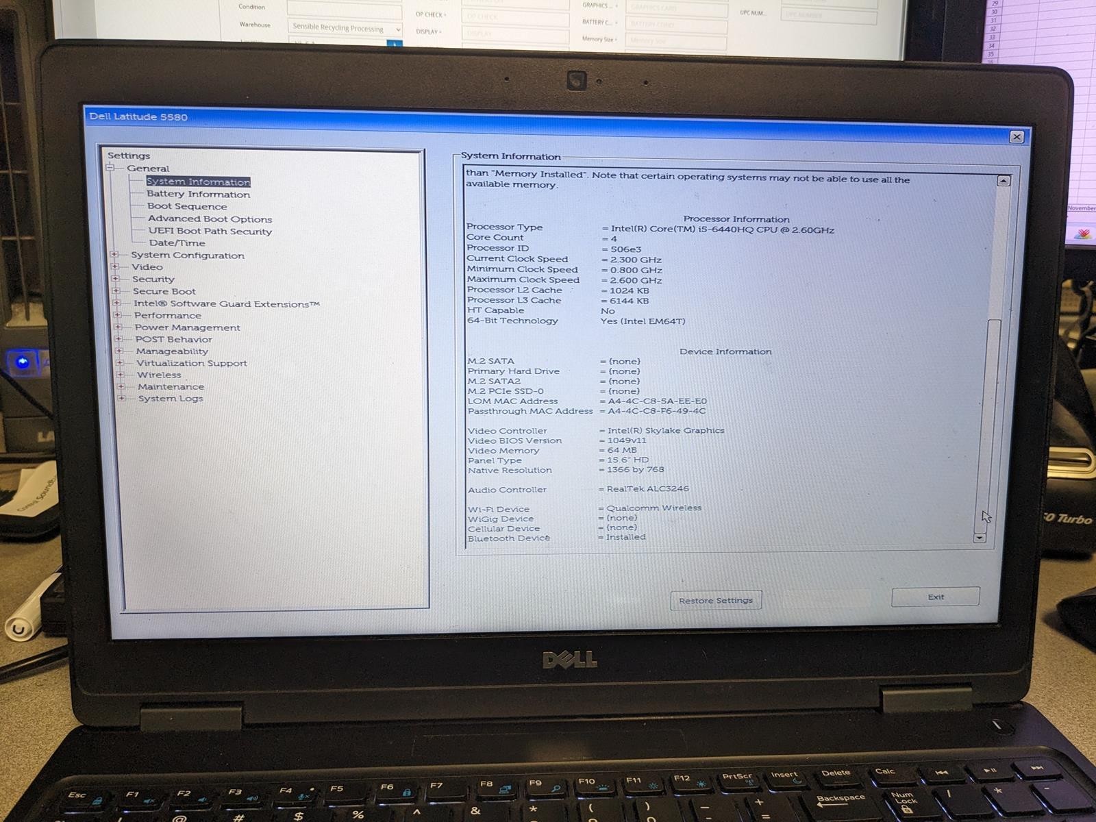 DELL LATITUDE 5580 I5-6440HQ @ 2.60GHz, 8GB RAM, NO HDD/OS