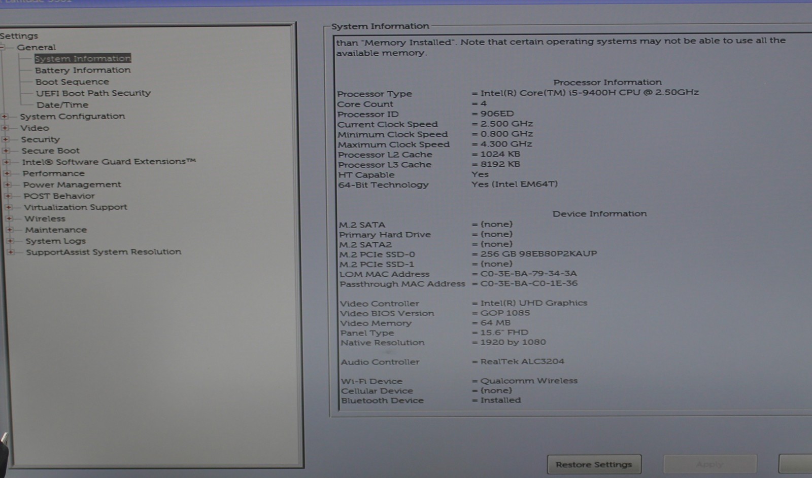 Dell Latitude 5501 i5-9400H @ 2.5 GHz 16GB RAM 256GB SSD No OS