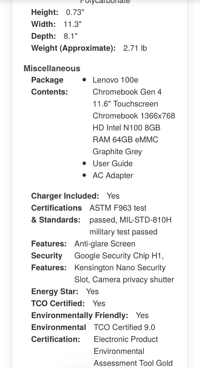 Lenovo 100e Chromebook Gen 4 11.6″ Touchscreen HD Intel N100 8GB 64GB eMMc Grey
