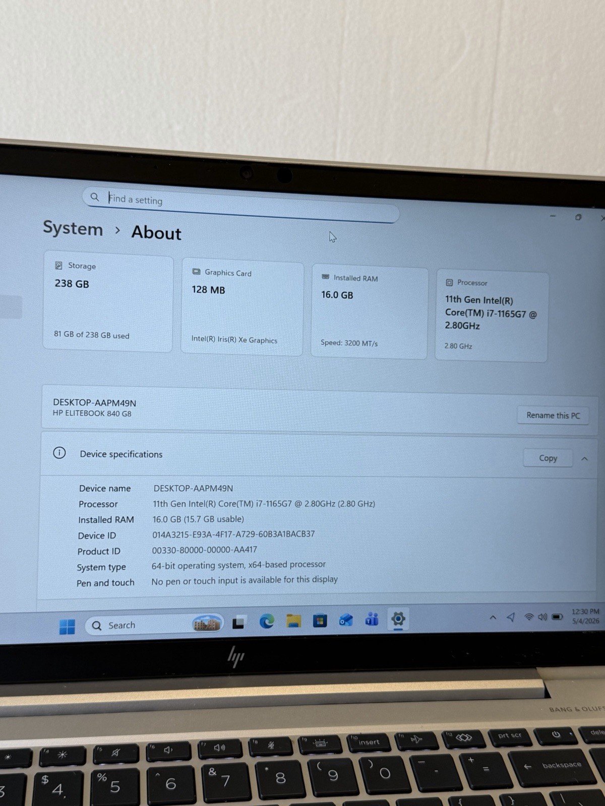 HP EliteBook 840 G8 Intel Core i7-1165G7 14″ 2.80 GHz 16GB 256GB Windows 11 Pro