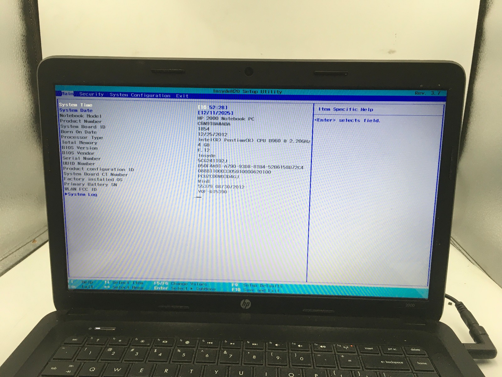 HP 2000 2B59WM – BOOTS TO BIOS – INTEL PENTIUM B960 – 4GB RAM – READ DESC – BB