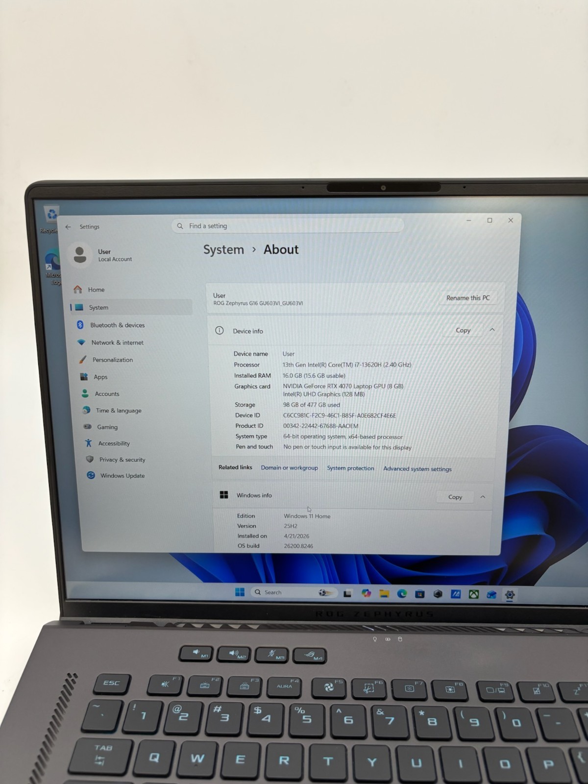 ASUS ROG Zephyrus G16 GU603VI 16″ 512 GB SSD 16 GB RAM i7-13620H RTX 4070