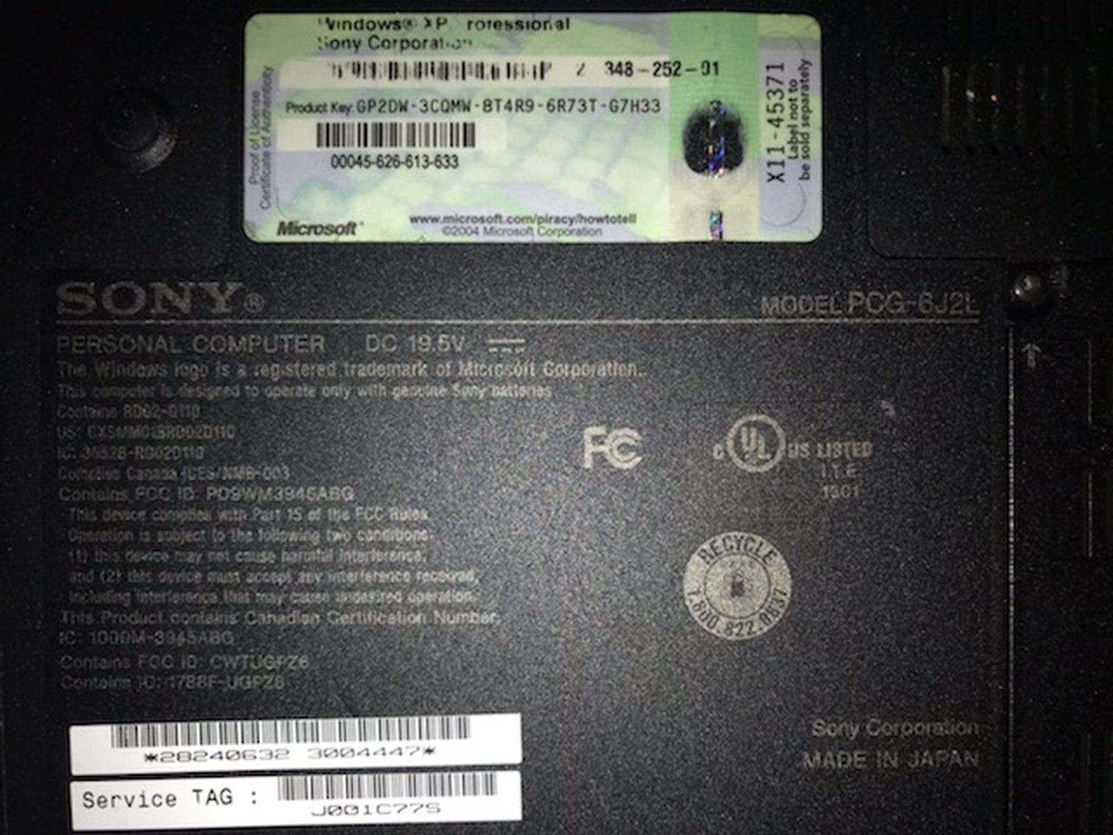 Sony VAIO PCG-6J2L also VGN-SZ120P Laptop Windows XP 2GB Ram 86GB HD Fast