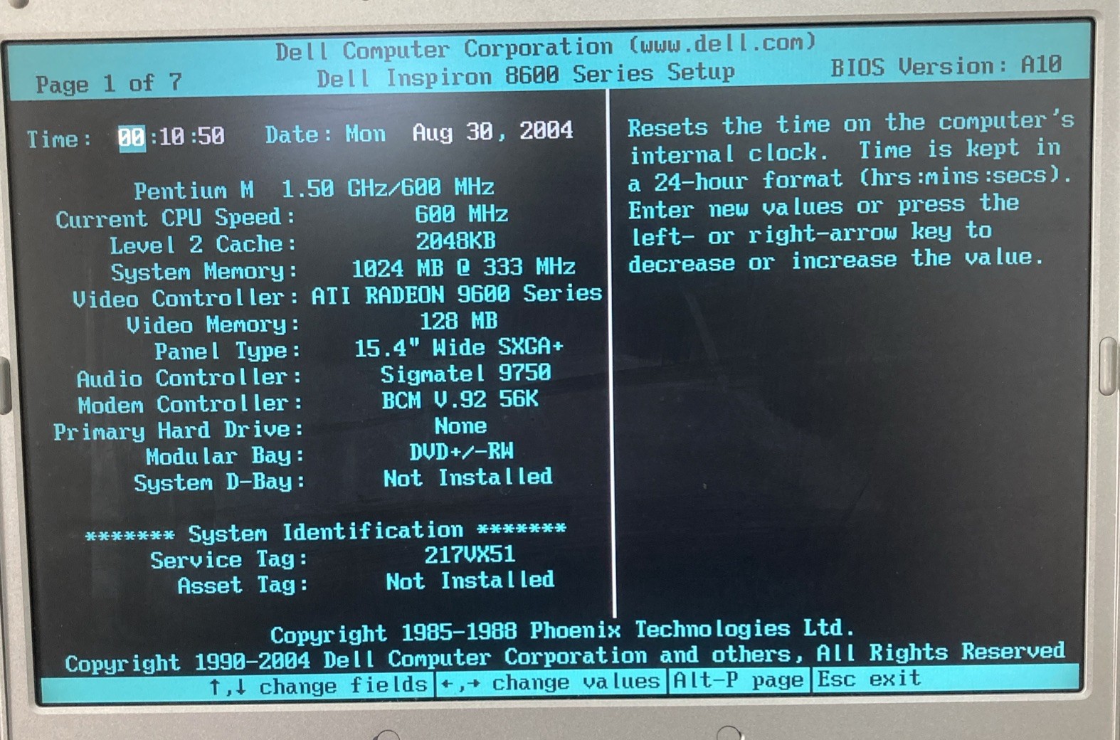 Dell Inspiron 8600 Pentium M 1.50Ghz 2GB RAM No HDD Boot to BIOS