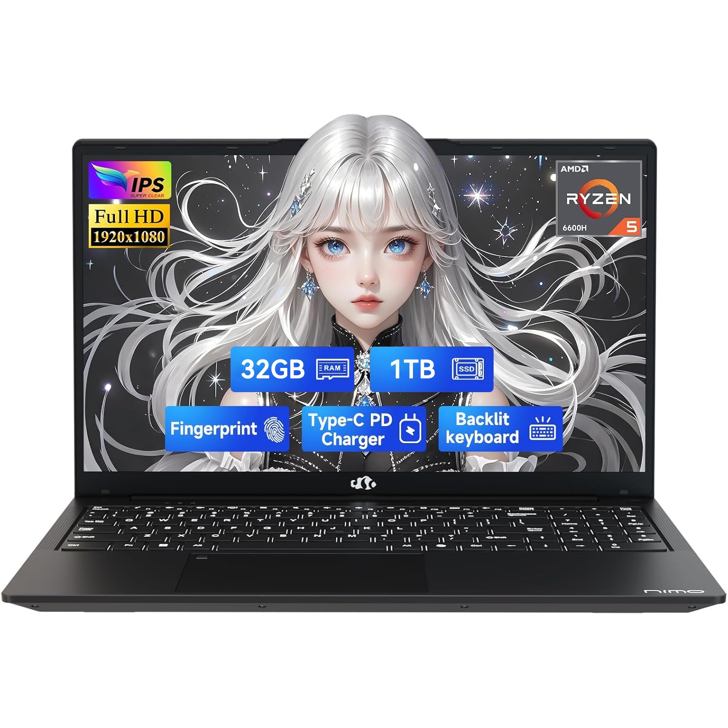 NIMO 15.6″ IPS FHD-Gaming-Laptop AMD Ryzen 5 6600H 6 Cores 32GB DDR5 RAM 1TB SSD
