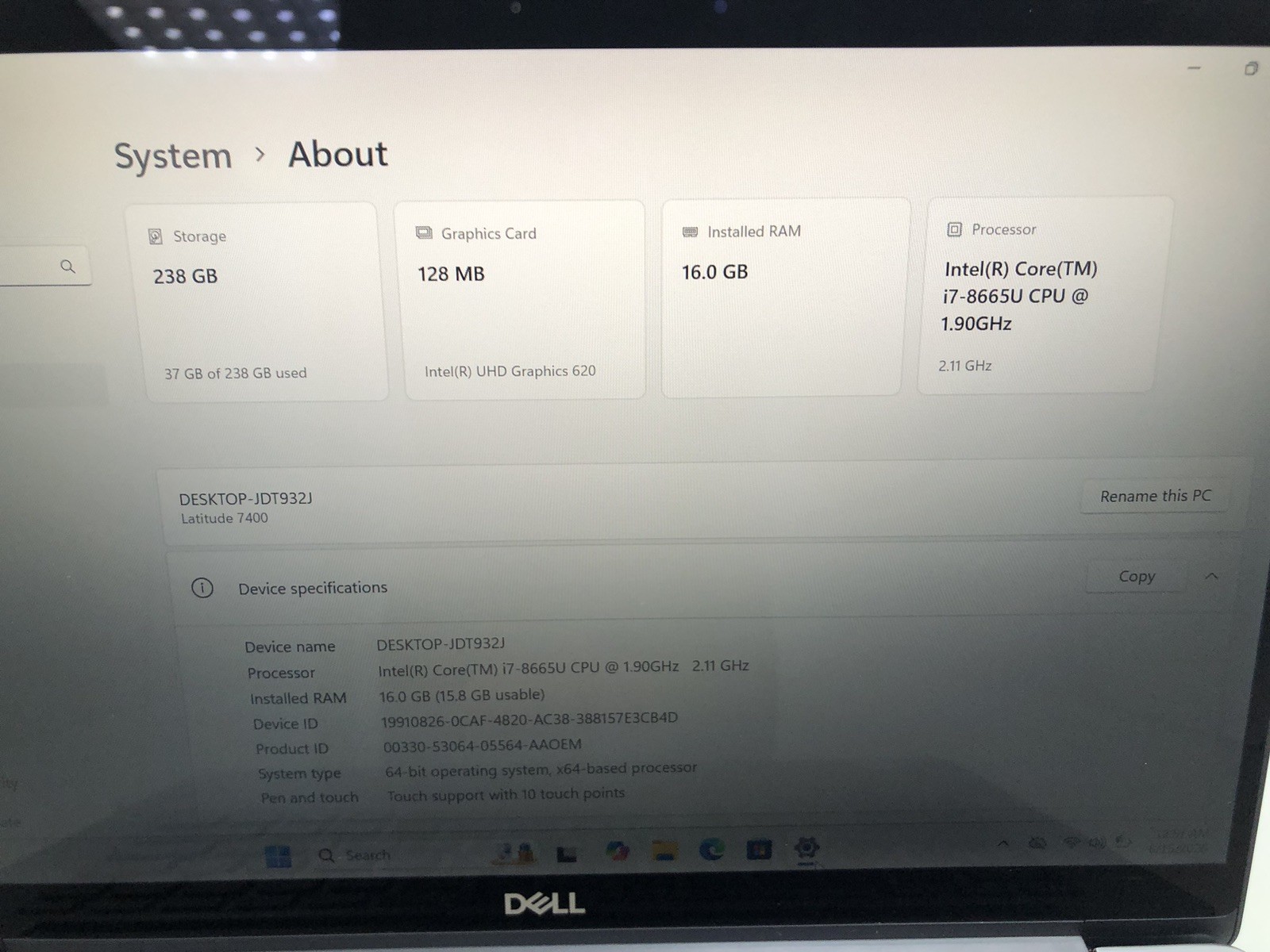 Dell Latitude 7400 i7 8th Gen 16GB RAM 256GB SSD Touchscreen Fingerprint FHD