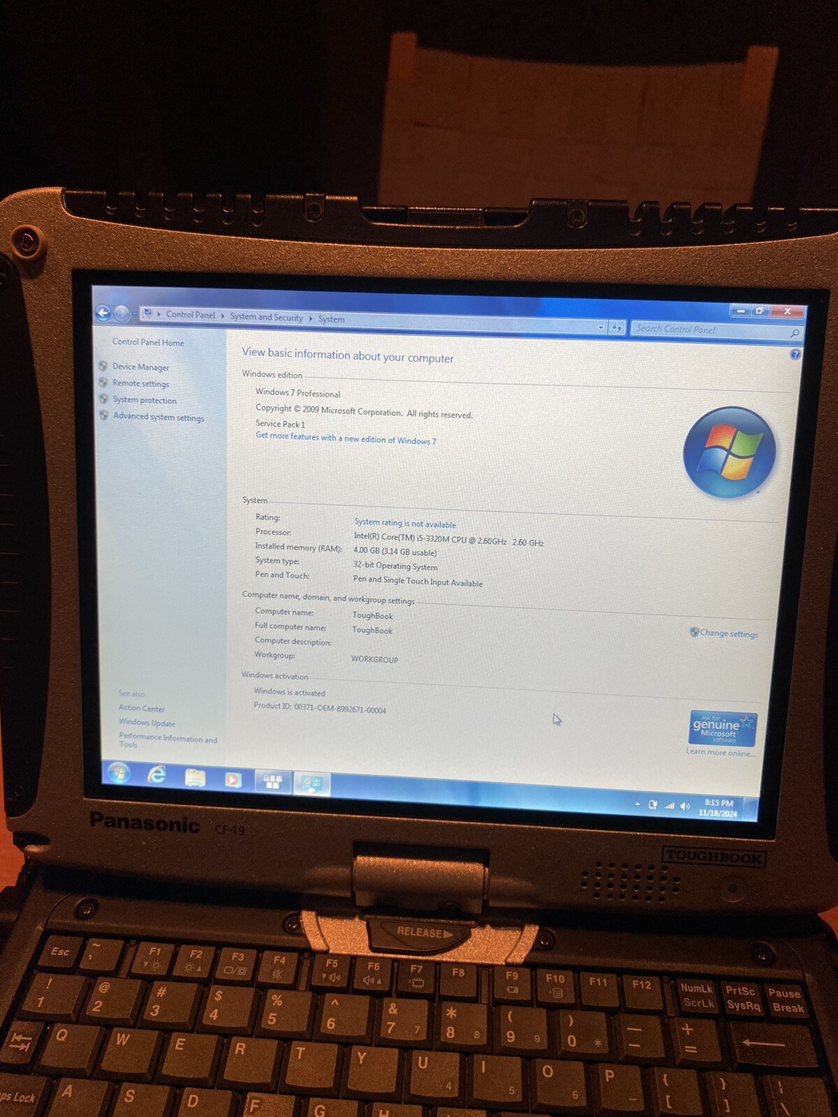 Panasonic Toughbook CF-19 MK3 4GB 238GB SSD Touch Screen Rugged Laptop WIN 7 Pro