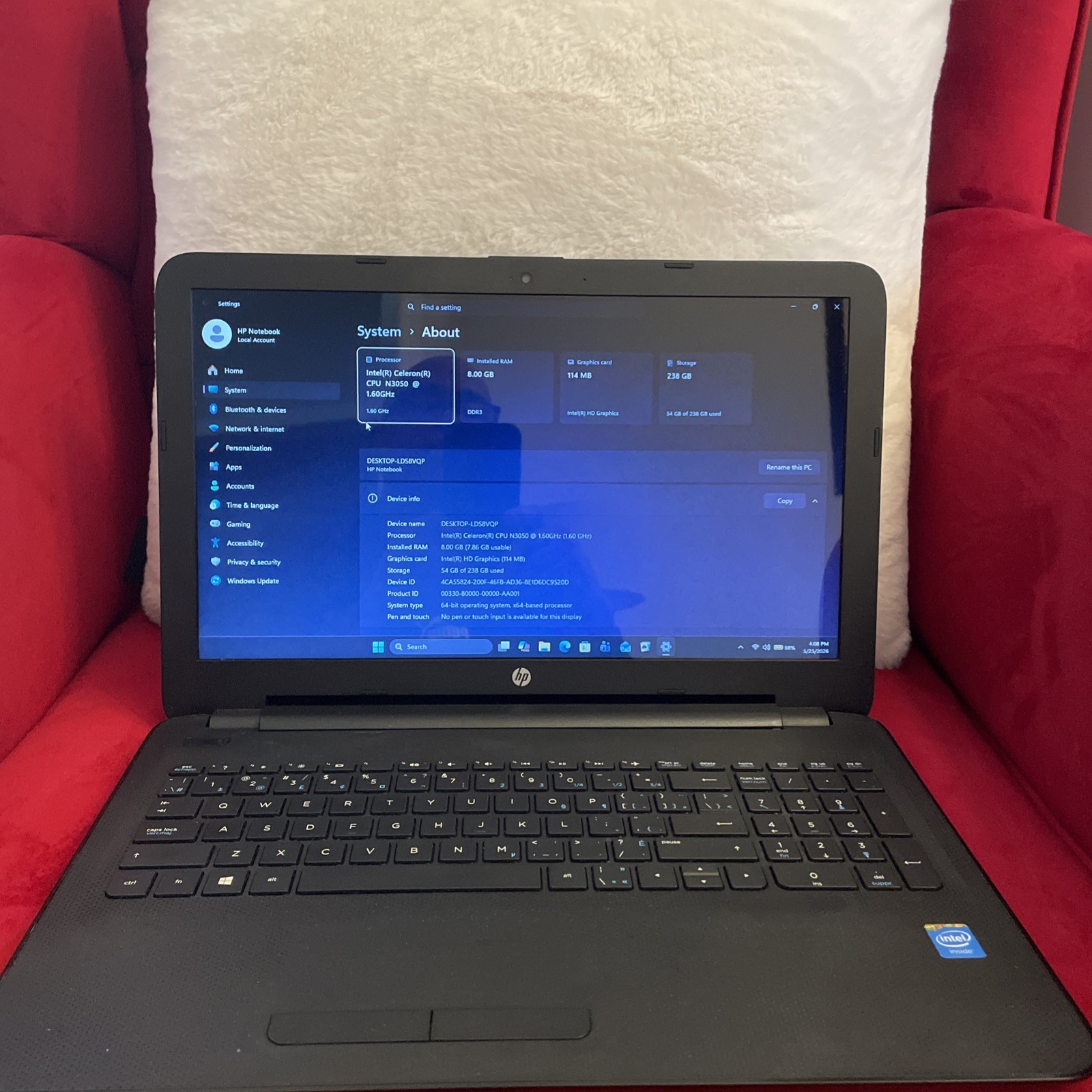 HP Notebook 15″ Intel, CPU N3050, @1.6GHz, 8GM DDR3, 128GB SSD Win 11Pro, OFF.