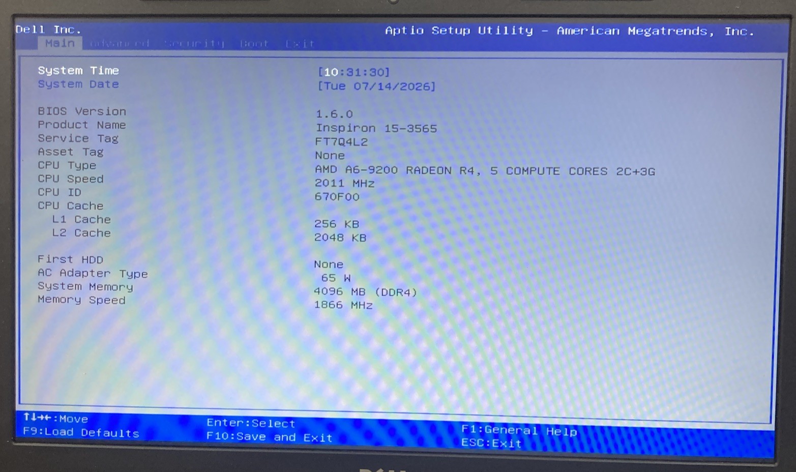 DELL INSPIRON 15 3565 AMD A6-9200 1.86GHz, 4GB RAM, NO HDD