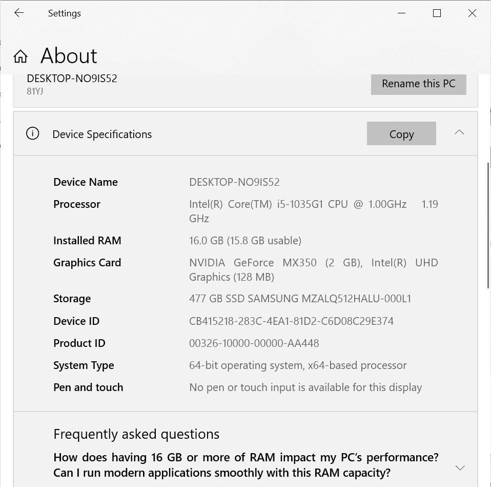 Lenovo 81YJ XiaoXin Air lntel Core i5-1035G1 CPU @ 1.0 GHz 16GB 477GB 1920×1080