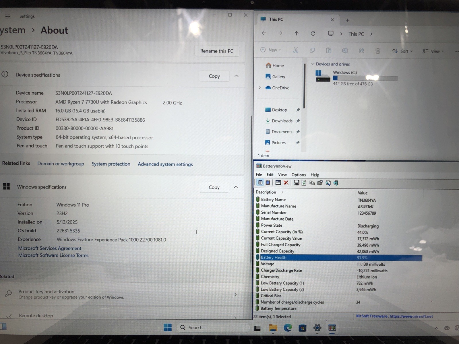 Asus VivoBook S 16, AMD Ryzen 7 7730U @2.00Ghz, 16GB RAM, 512GB SSD, W11, Touch