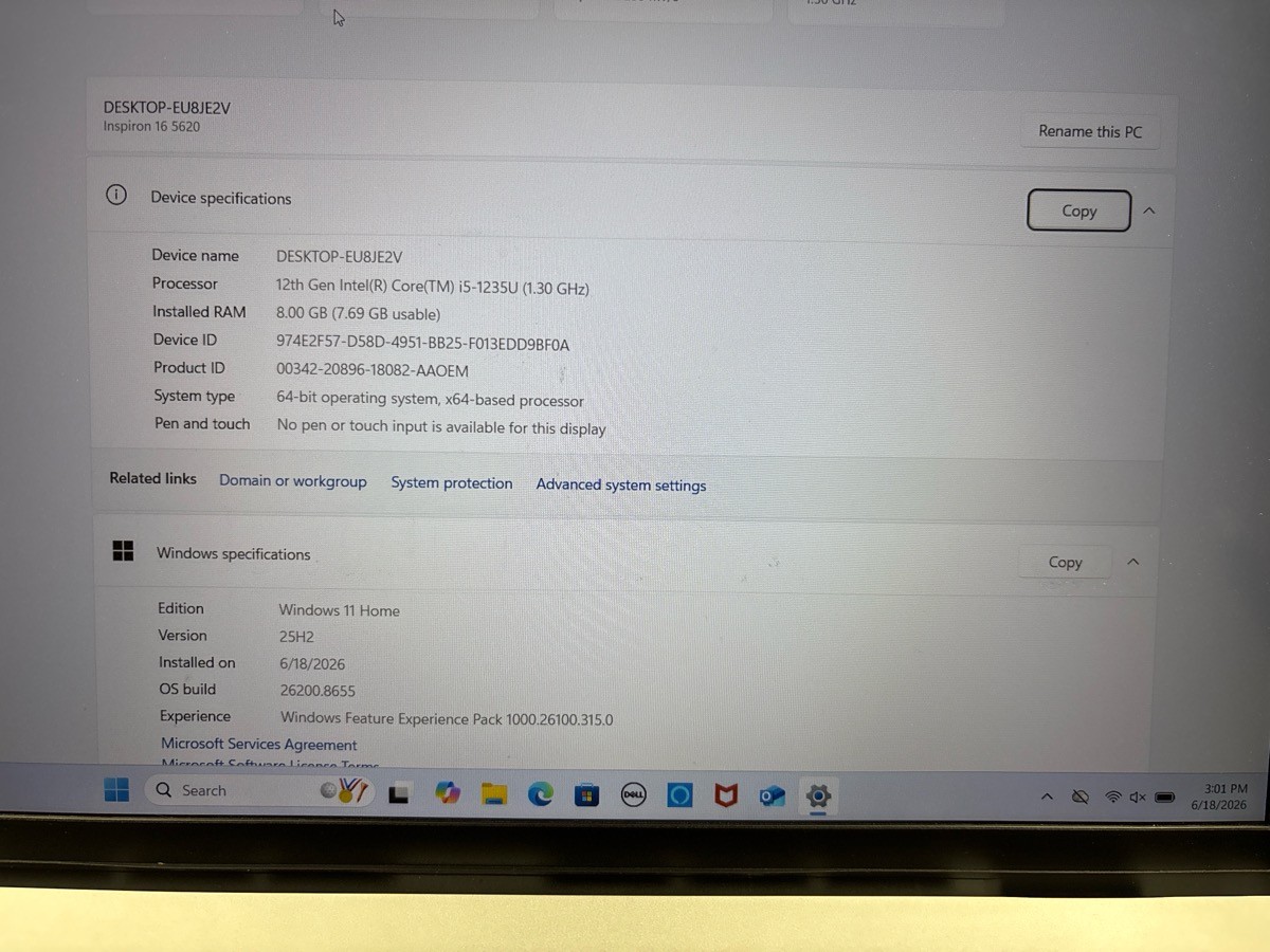 Used DELL Laptop COMPUTER Inspiron 16 5620 8GB RAM 512GB SSD 1.3Ghz (QUC027696)