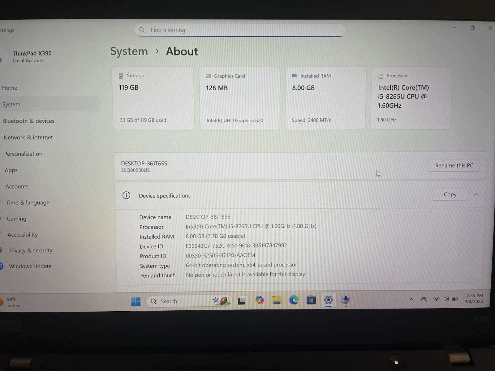 Lenovo ThinkPad X390 Intel i5-8265U 8GB RAM 128GB SSD Win 11 Pro Business Laptop