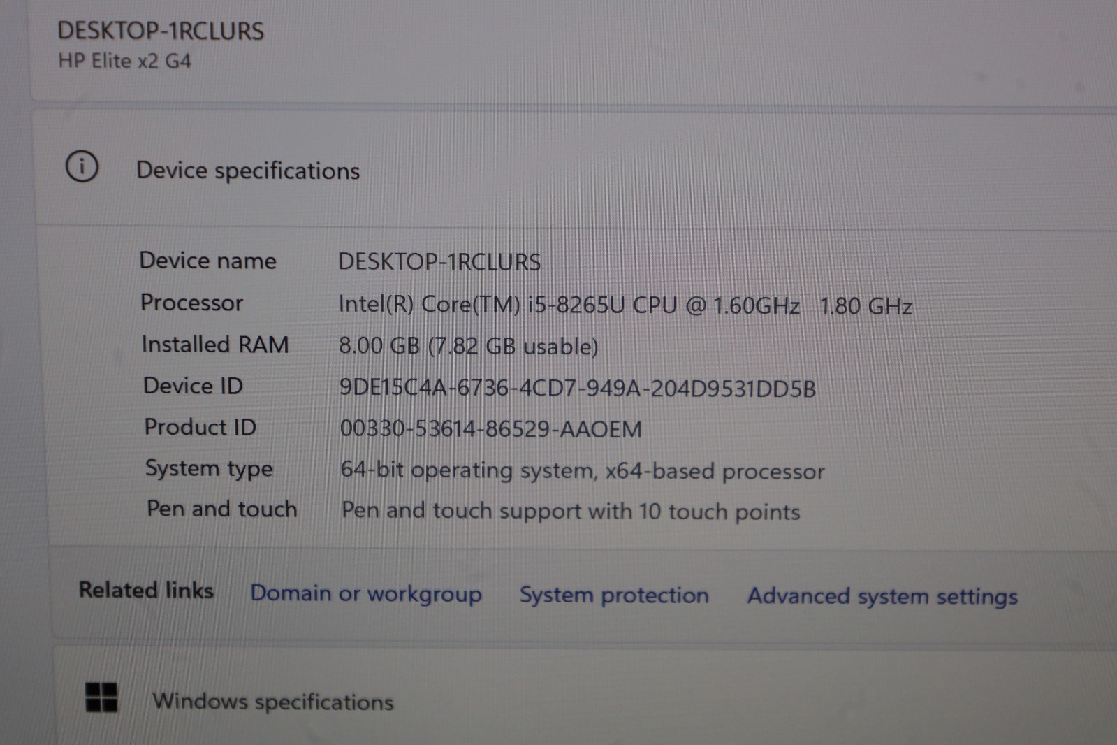 HP Elite x2 G4 Tablet Core i5-8265U 8GB 256GB NVMe SSD Touch