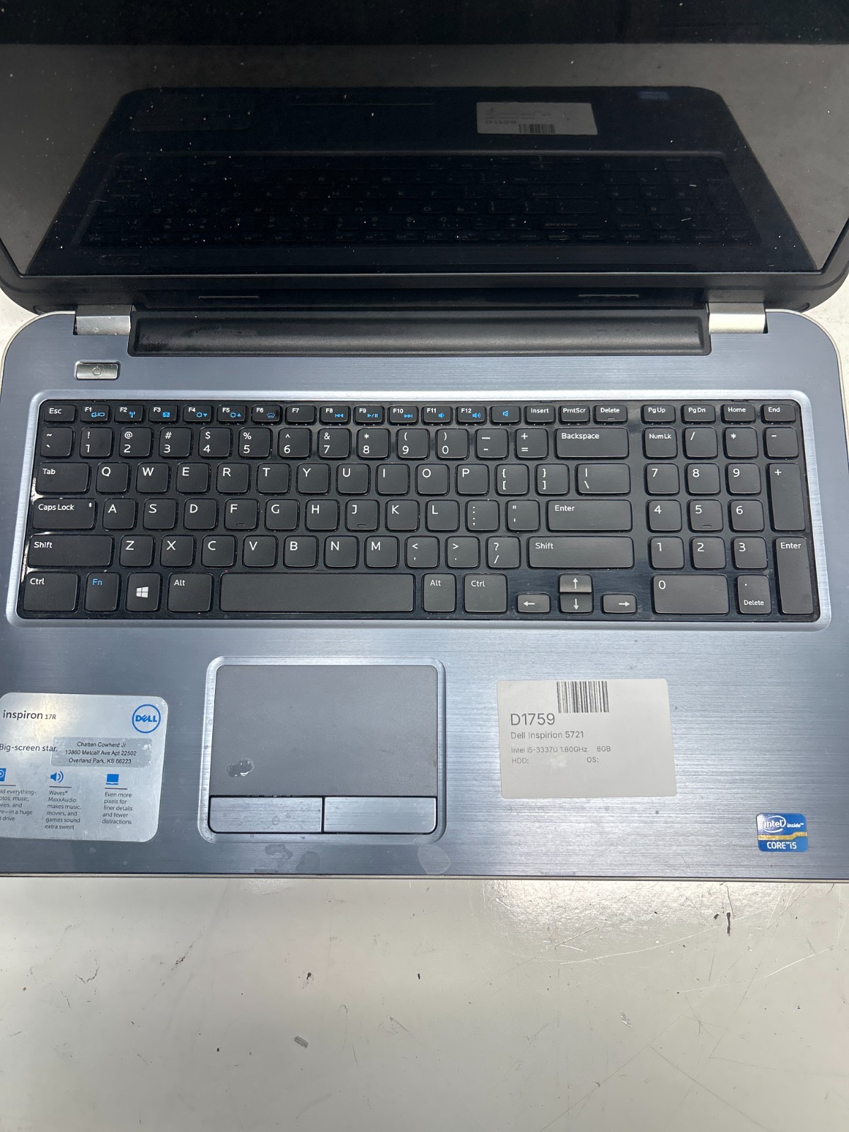 Dell Inspirion 5721 Intel i5-3337U 1.80GHz 8GB NO HDD