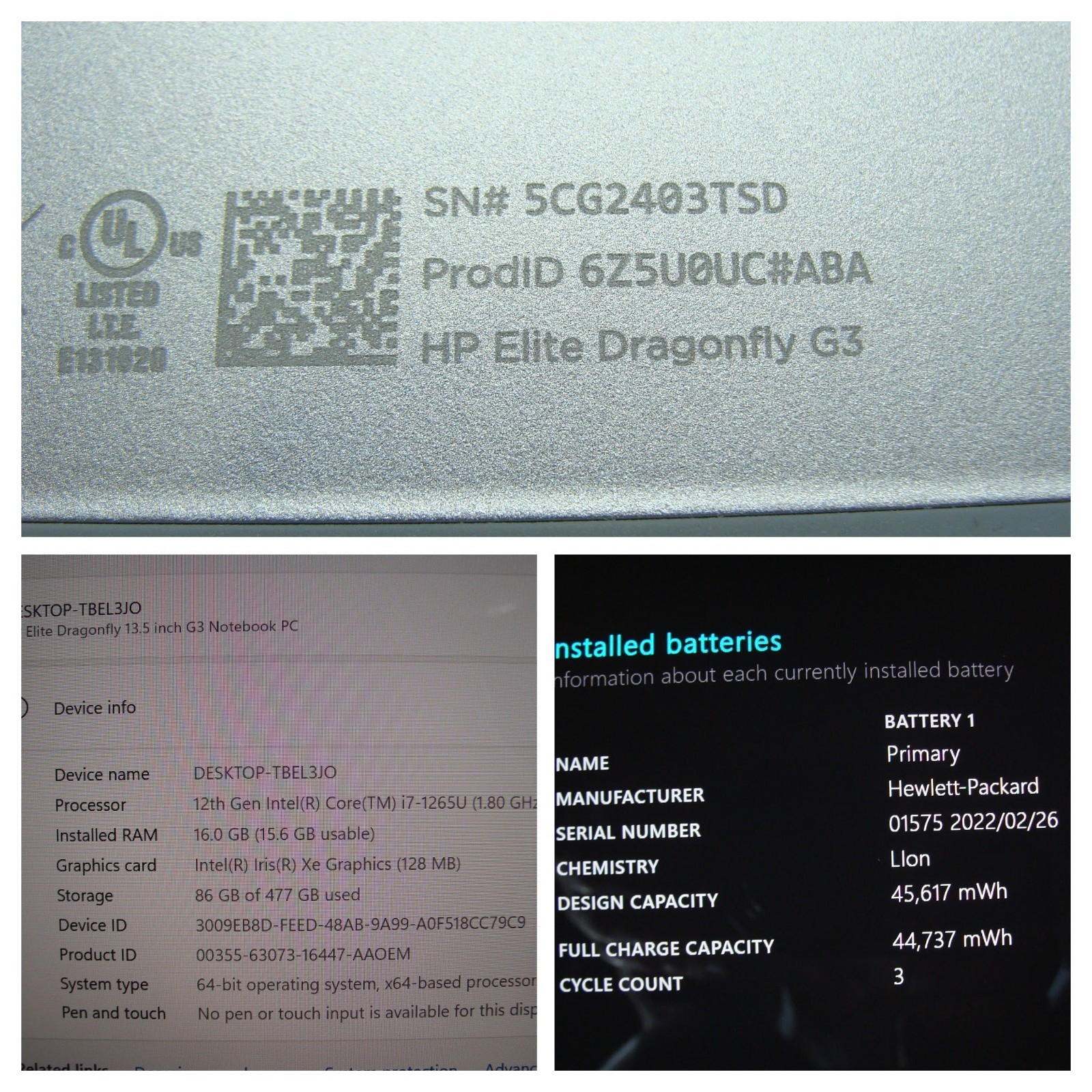 HP Elite Dragonfly G3 13.5″FHD+ vPro i7-1265U 1.8GHz 16Gb 512GB SSD Win11Pro +PA