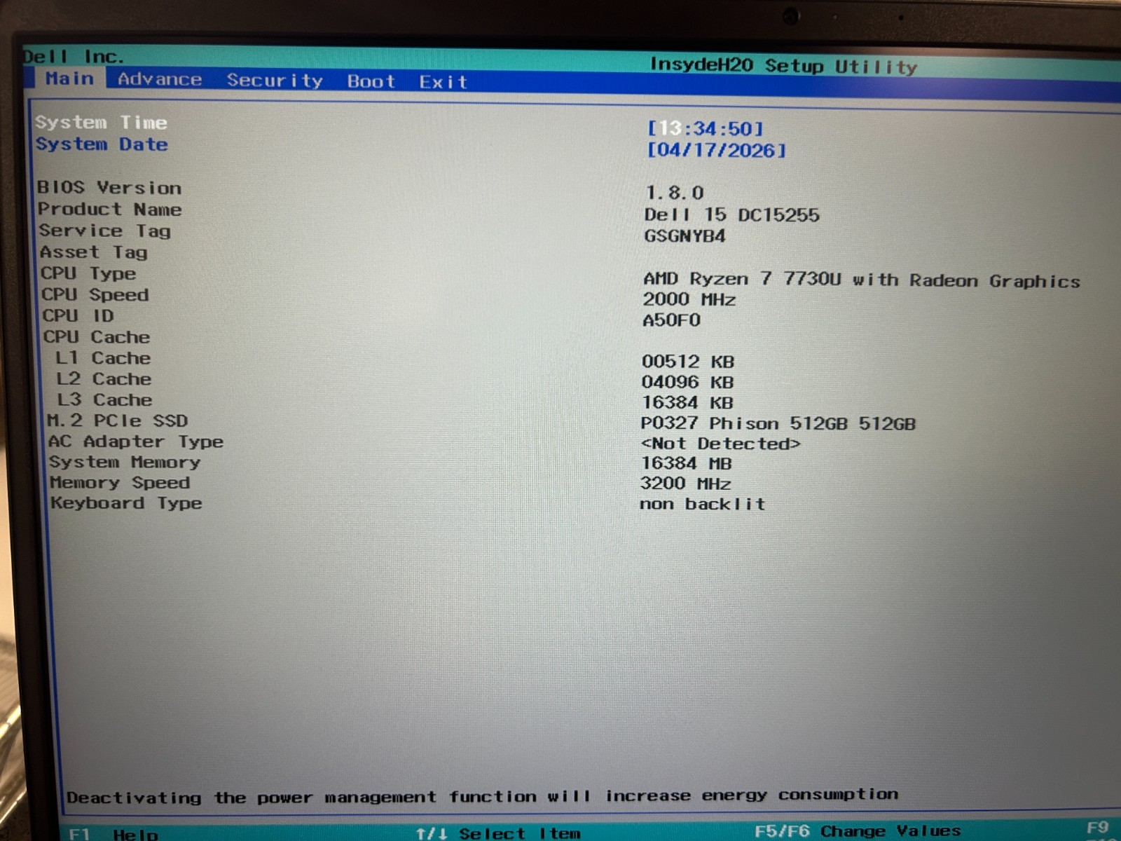 DELL 15 DC15255 G8MK9, AMD Ryzen 7 7730U, 2.00 GHz, 16 GB RAM 512 GB NVMe SSD