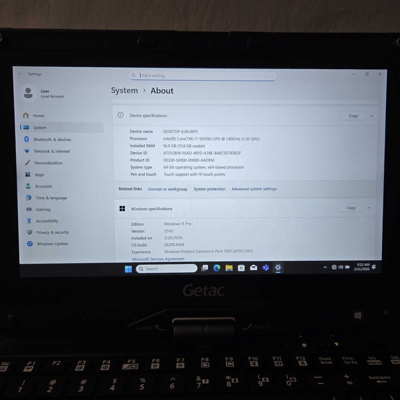 Getac V110 G6 Toughbook i7-10510U 1.8GHz 512GB SSD 16GB – GPS 4G Win11 – Grade B