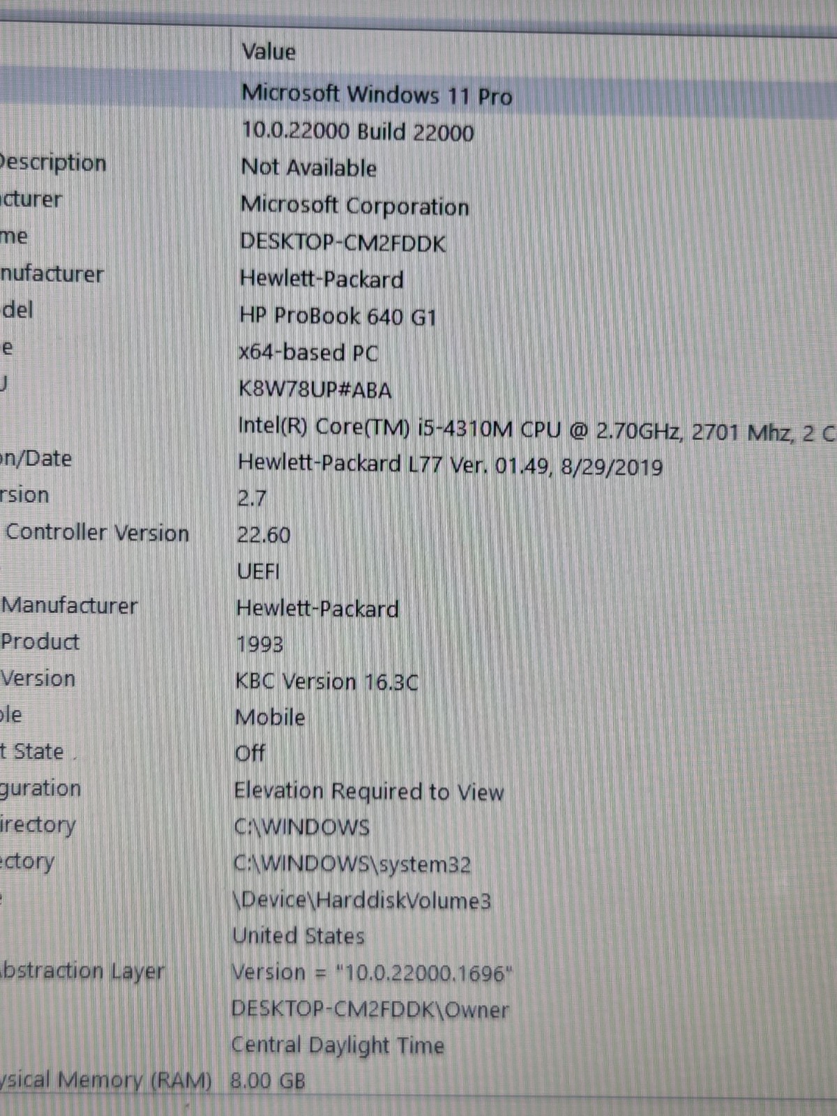 ProBook640 G1 (Bios Locked)w/charger.i5-4310M.8GB.250GBHDD.14″.Optical.W11.Nice!