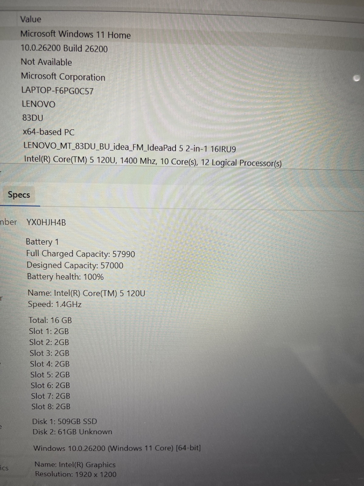 Lenovo IdeaPad 5 2n1 16IRU9 Intel 5 120U 1.40GHz 16GB RAM 512GB SSD Win 11 Home